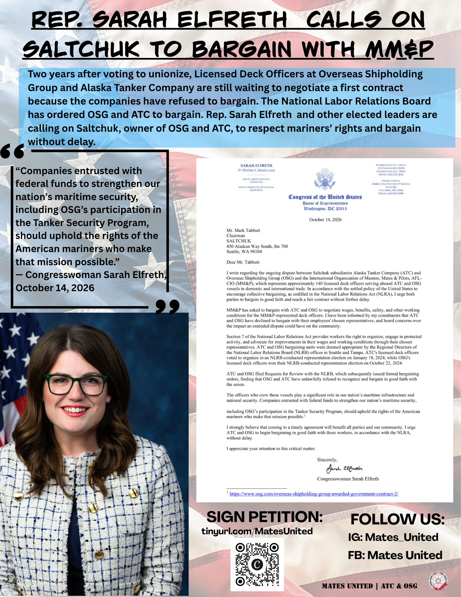 Mates United advocacy flyer featuring Rep. Sarah Elfreth calling on Saltchuk to bargain with licensed deck officers at Overseas Shipholding Group and Alaska Tanker Company, with her portrait, congressional letter, quote, petition QR code, and social media information.
