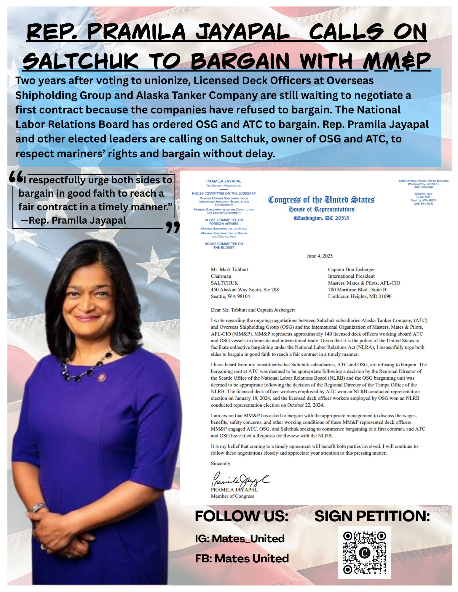 Mates United campaign graphic featuring Rep. Pramila Jayapal urging Saltchuk to bargain with maritime workers, alongside her letter to Saltchuk and a petition QR code.