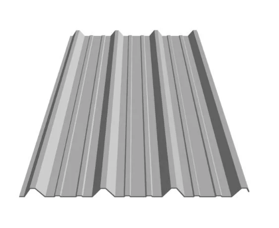 A sheet of corrugated metal roofing material.