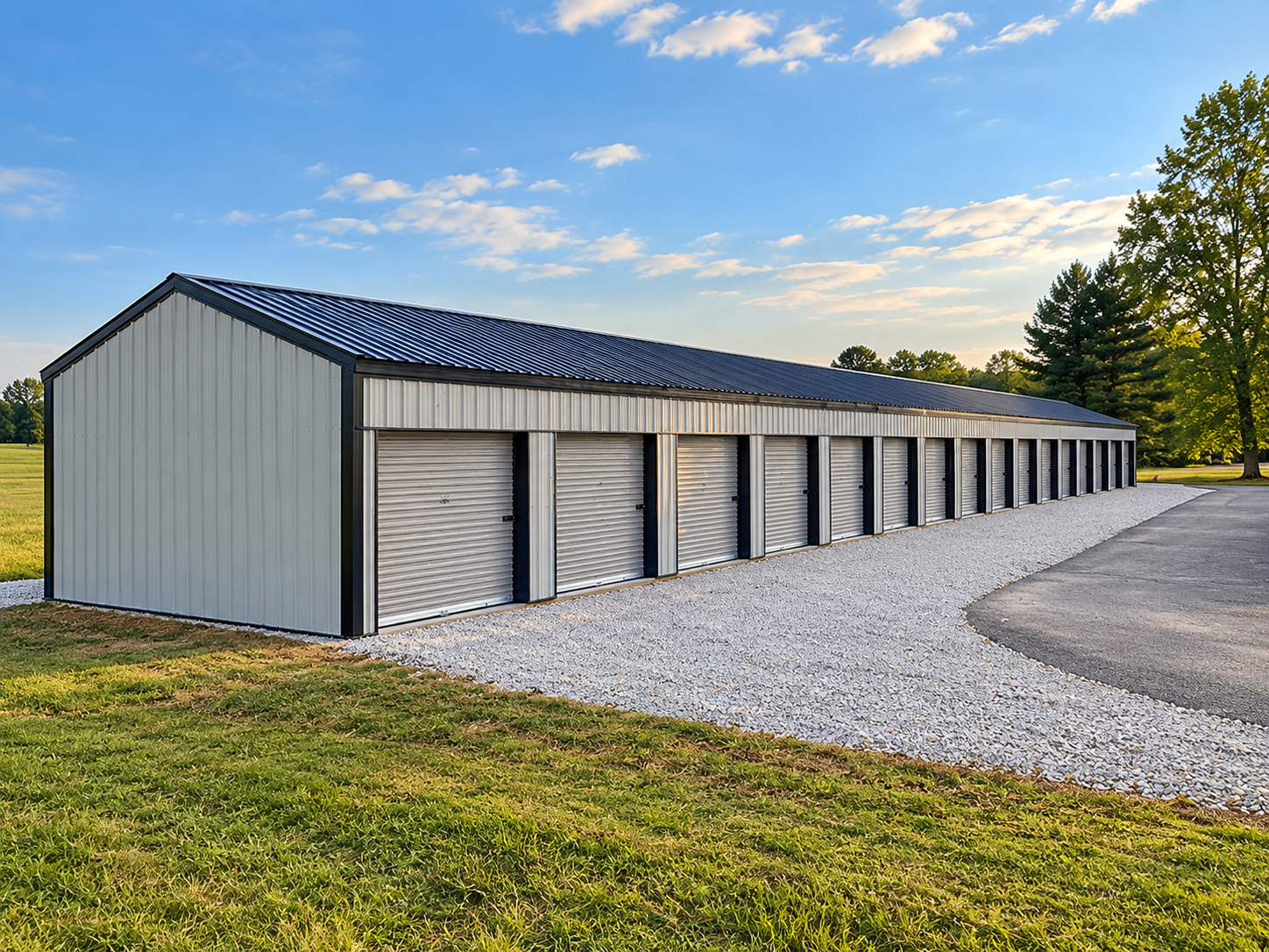 Large storage unit with multiple metal roll-up doors, situated on a gravel path with a grassy area in the foreground and trees in the background under a blue sky.