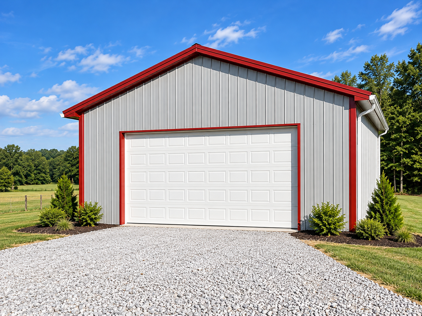A metal storage shed with a red roof, white garage door, and red trim, surrounded by a gravel driveway and landscaped plants on a sunny day with blue sky and green trees in the background.