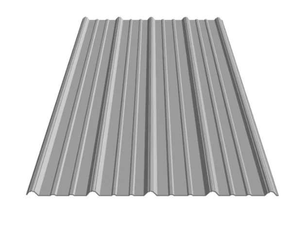 A sheet of corrugated metal roofing material with ridges and valleys.