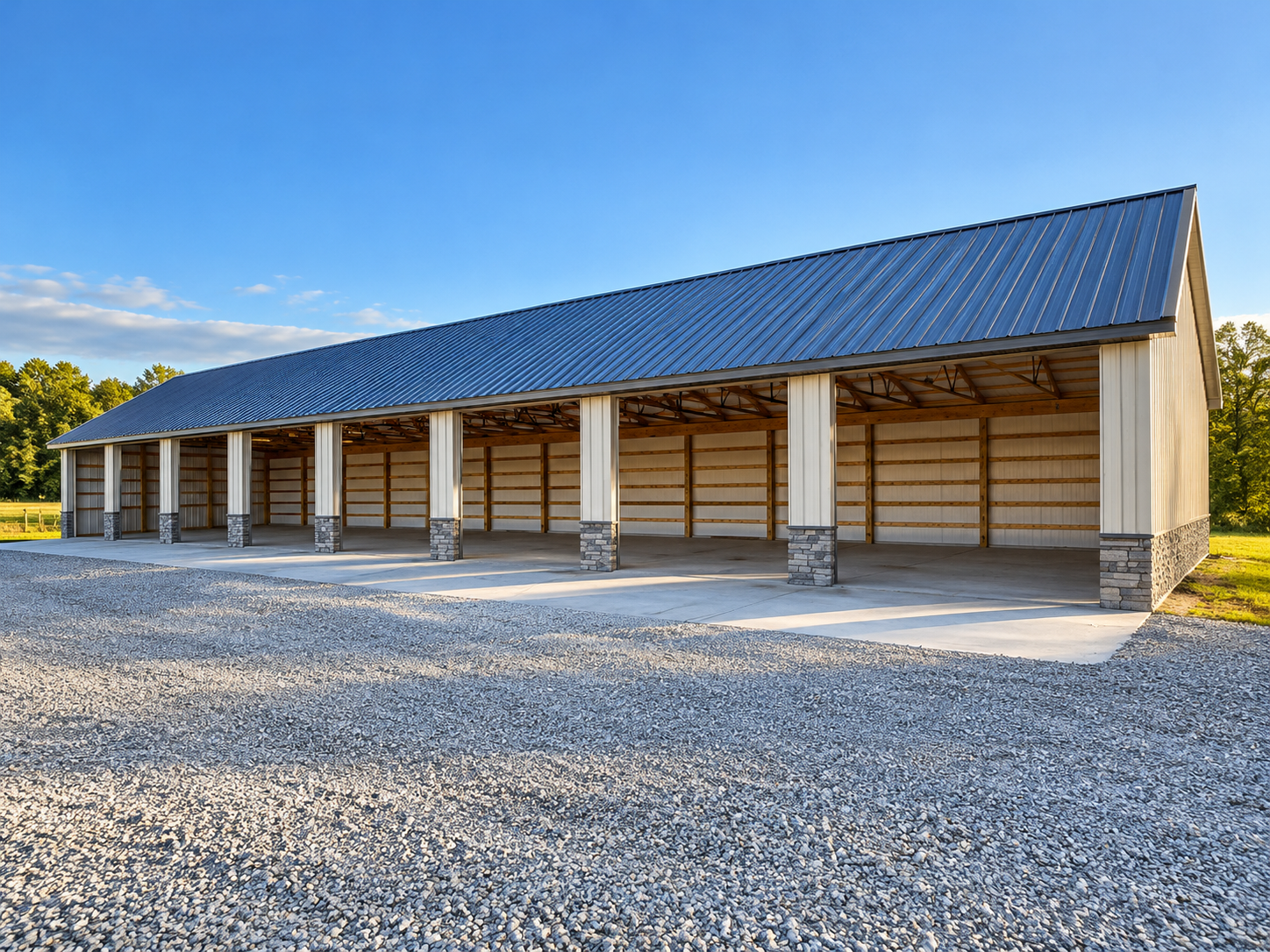 Empty wooden barn with open bays, stone foundations, and metal roof, surrounded by gravel and open field.