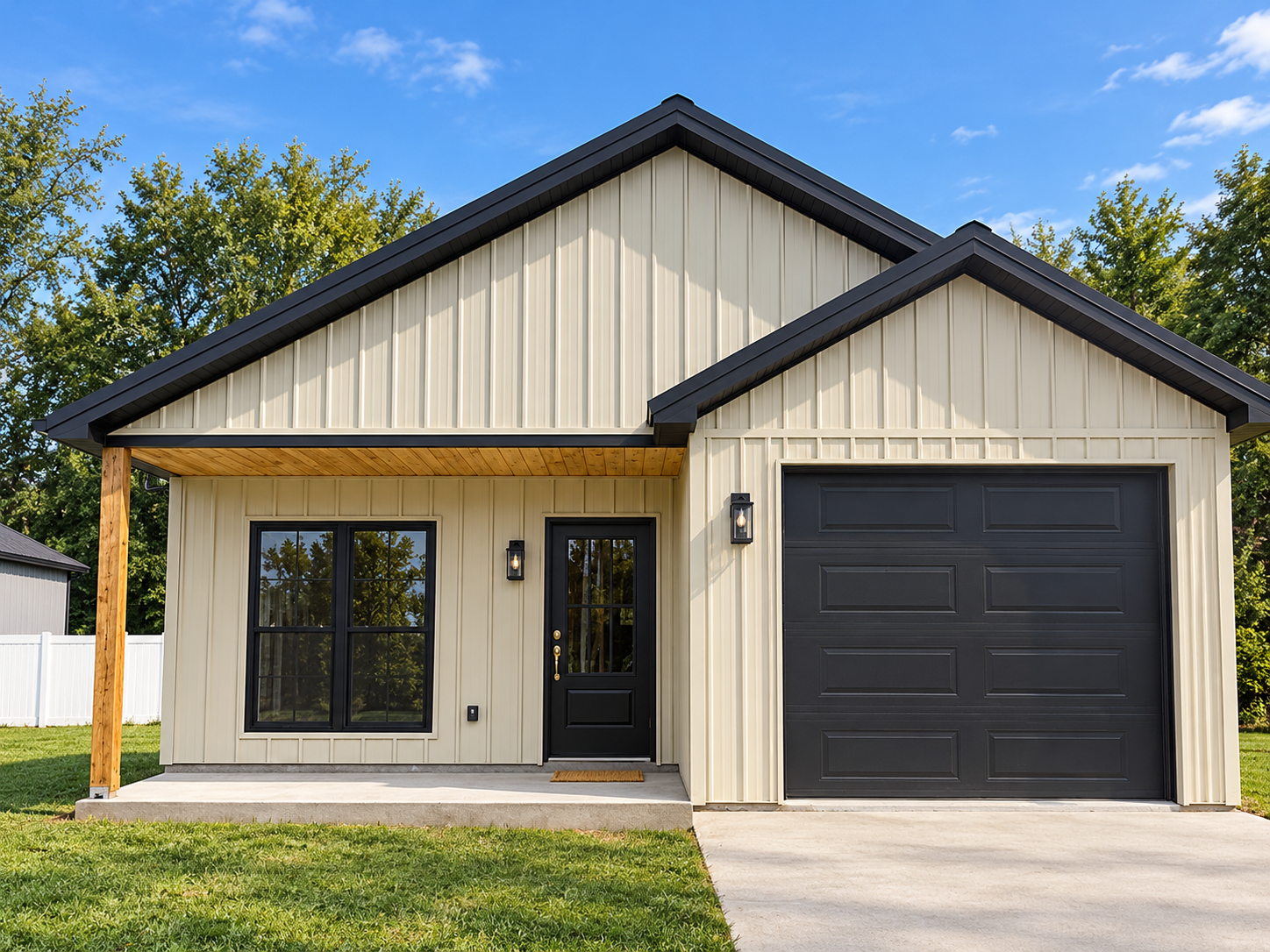 Modern house with beige siding, black garage door, black front door, and black window frames, surrounded by green grass and trees, under a blue sky.