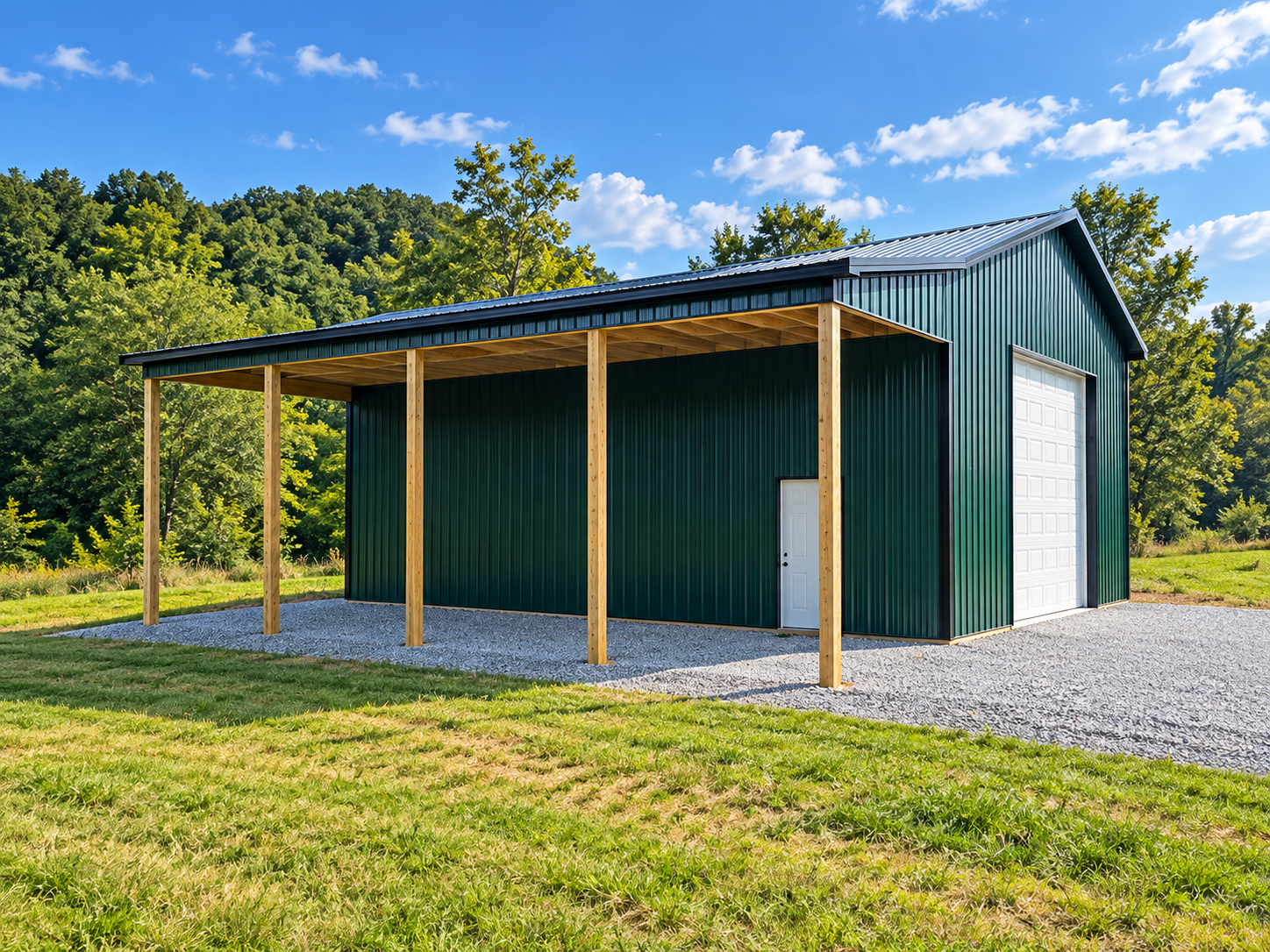 A metal barn with a green exterior, white garage door, and smaller door, surrounded by a grassy area and trees, under a partly cloudy sky.