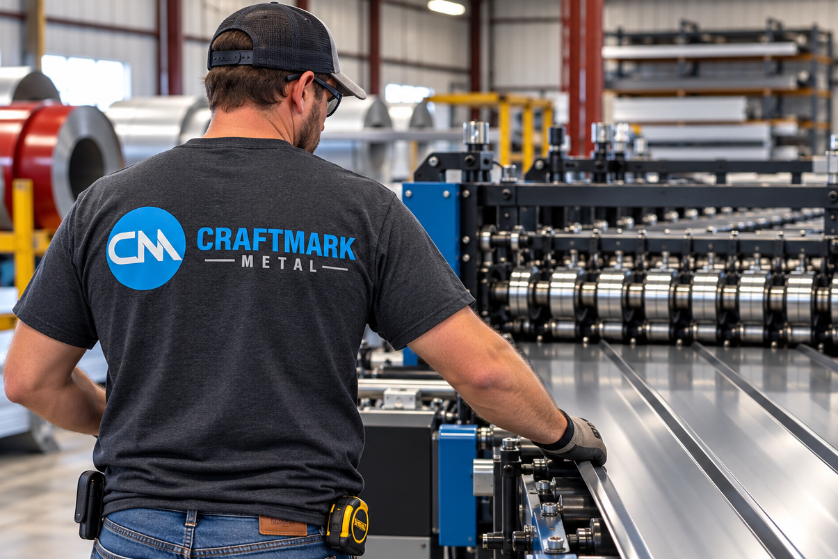 A worker in a gray CRAFTMARK METAL t-shirt and jeans operates a sheet metal roller machine in an industrial warehouse.