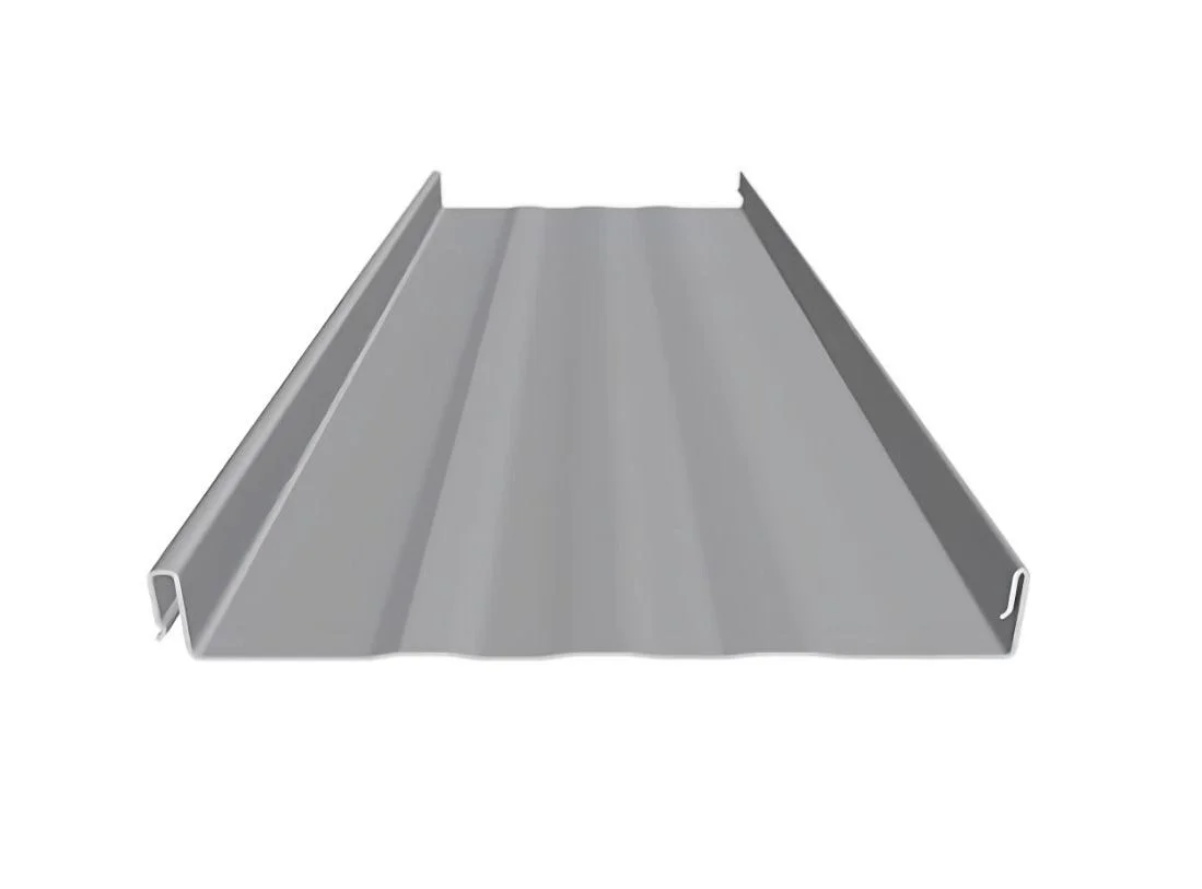 Metal roofing panel with raised seams for installation.