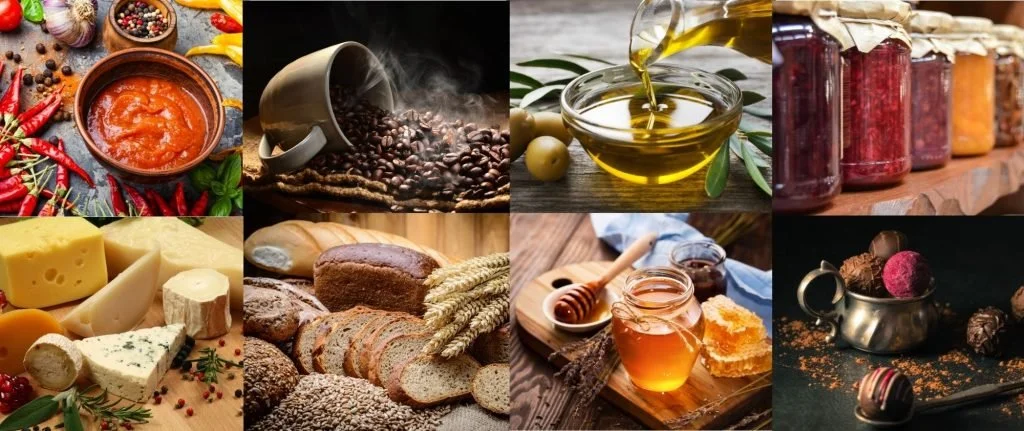 A collage of food items including spicy red pepper sauce, coffee beans, olive oil, various jam jars, assorted cheeses, different bread types, honey with honey dipper, and chocolates.