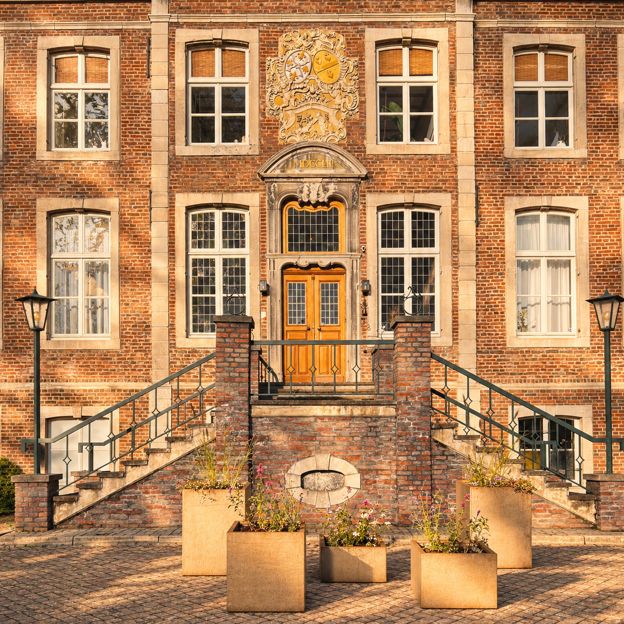 Symmetrische entree van een historisch bakstenen gebouw met hoge ramen, een dubbele houten deur en twee stenen trappen.