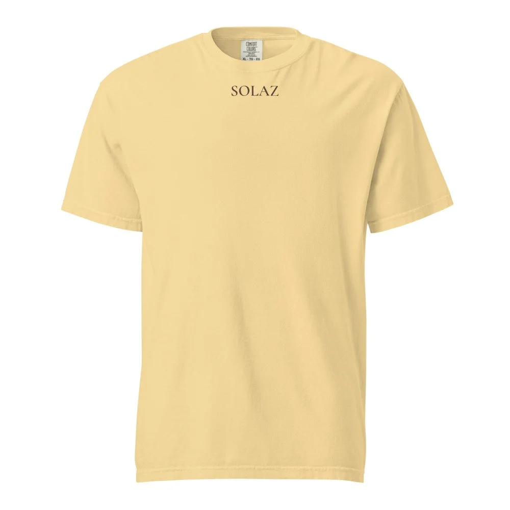SOLAZ Everyday Tee in Butter, front view with small center-chest lettering; supplier digital mockup.