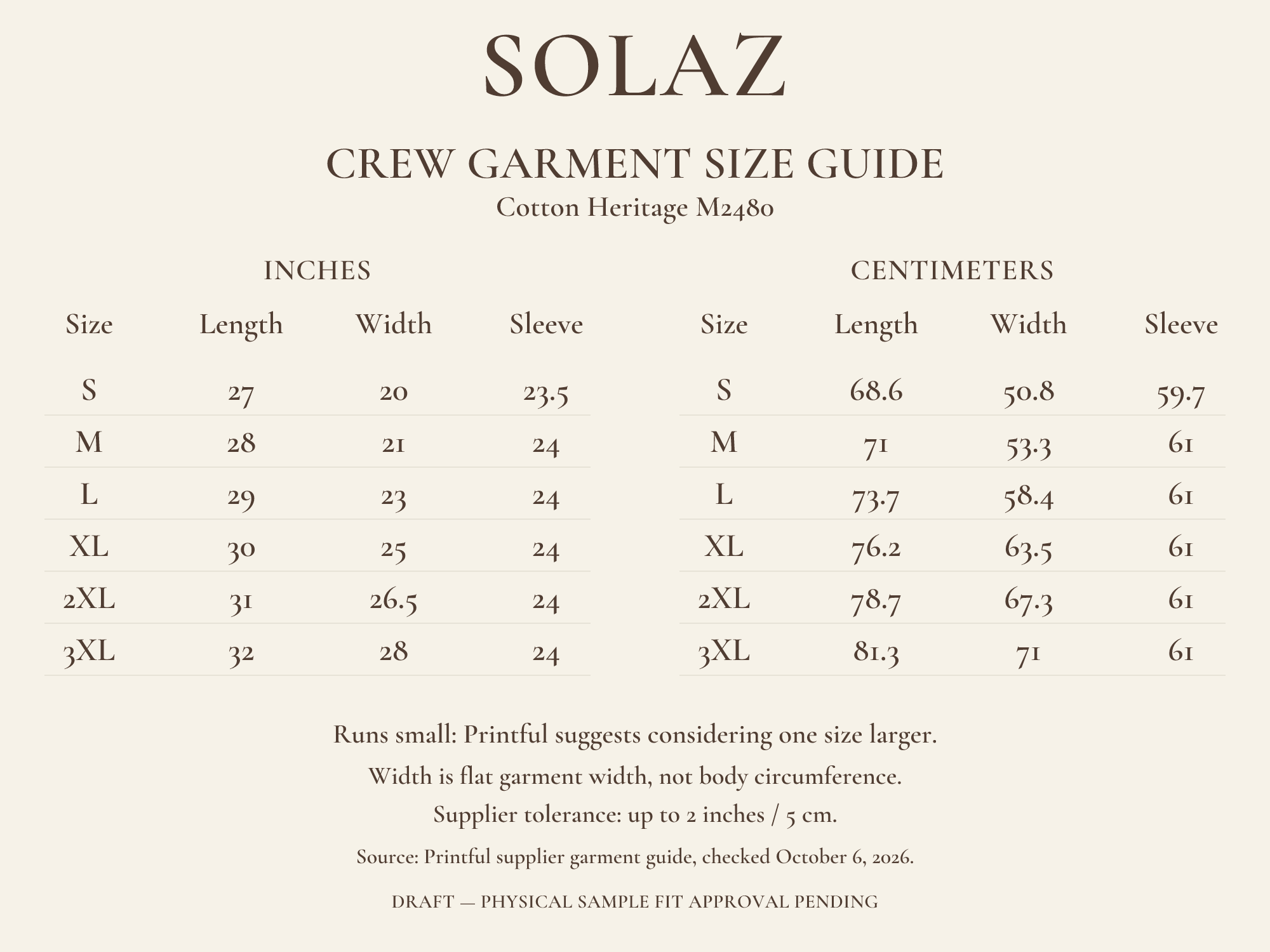 SOLAZ Leisure Crew garment measurement size chart.