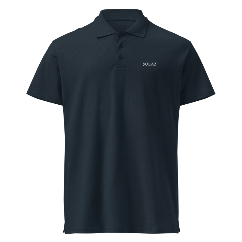 SOLAZ Coast Polo in Navy with white lettering, front view; supplier digital embroidery mockup.