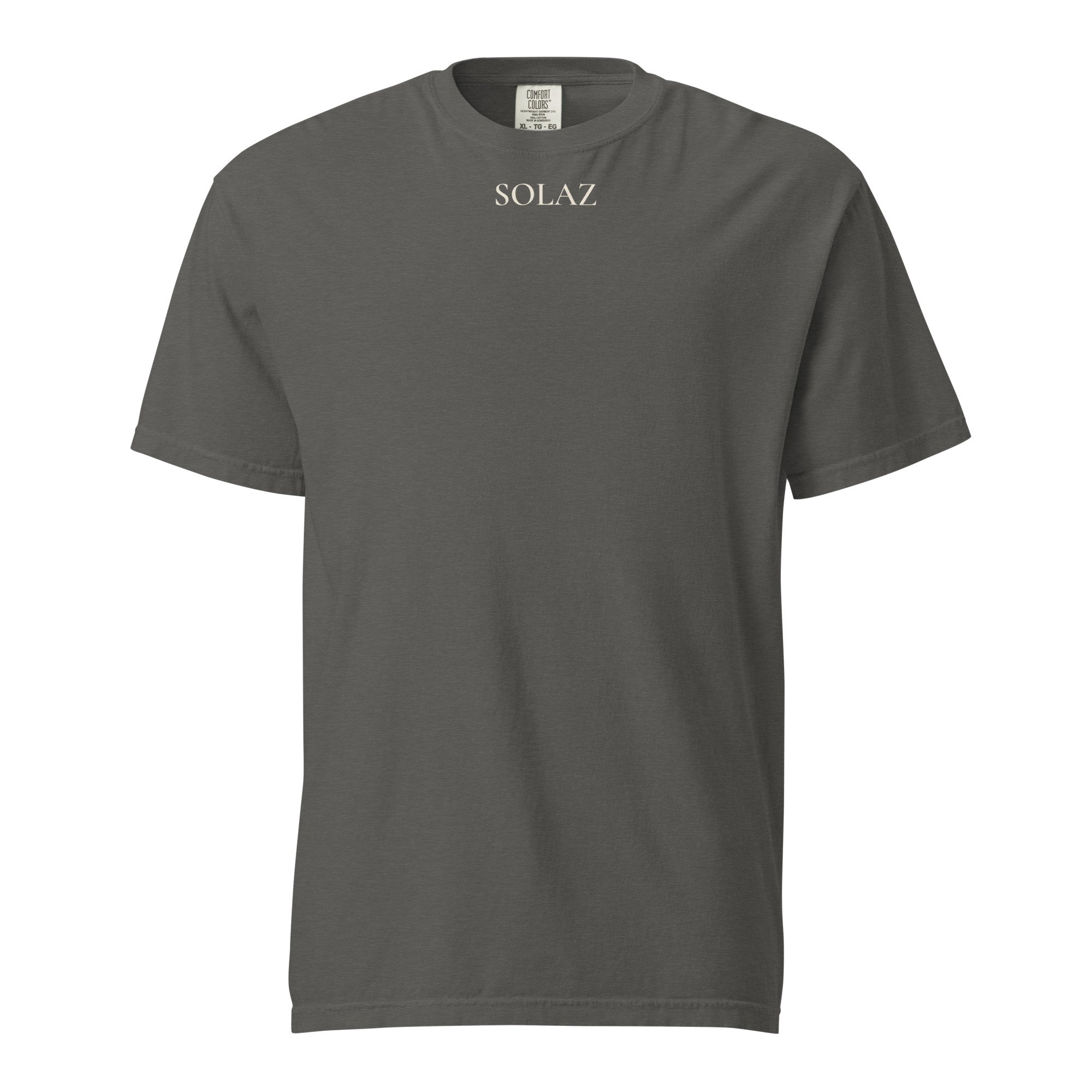 SOLAZ Everyday Tee in Pepper, front view with small center-chest lettering; supplier digital mockup.