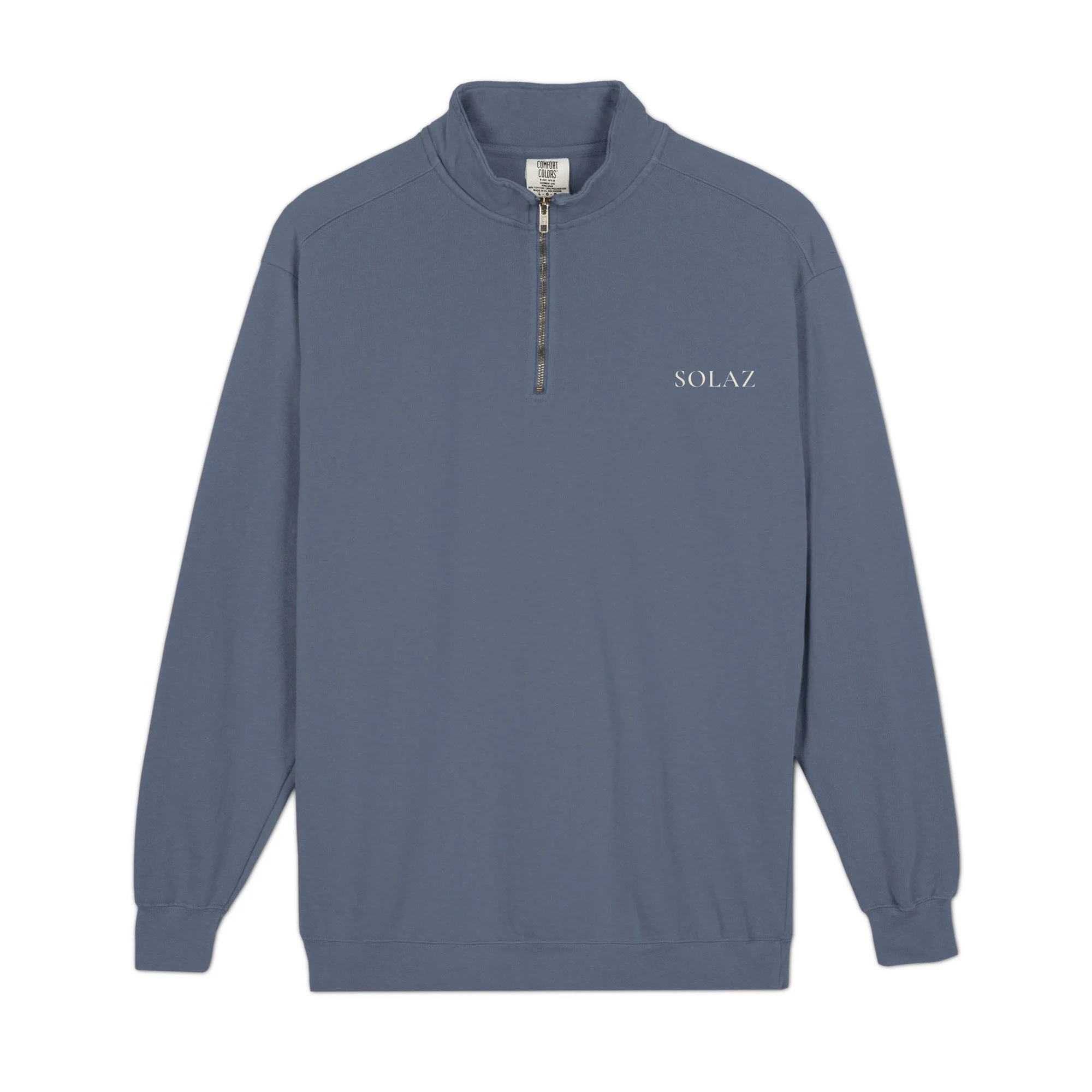 SOLAZ Coastal Quarter-Zip in Blue Jean, front supplier mockup with ivory left-chest wordmark