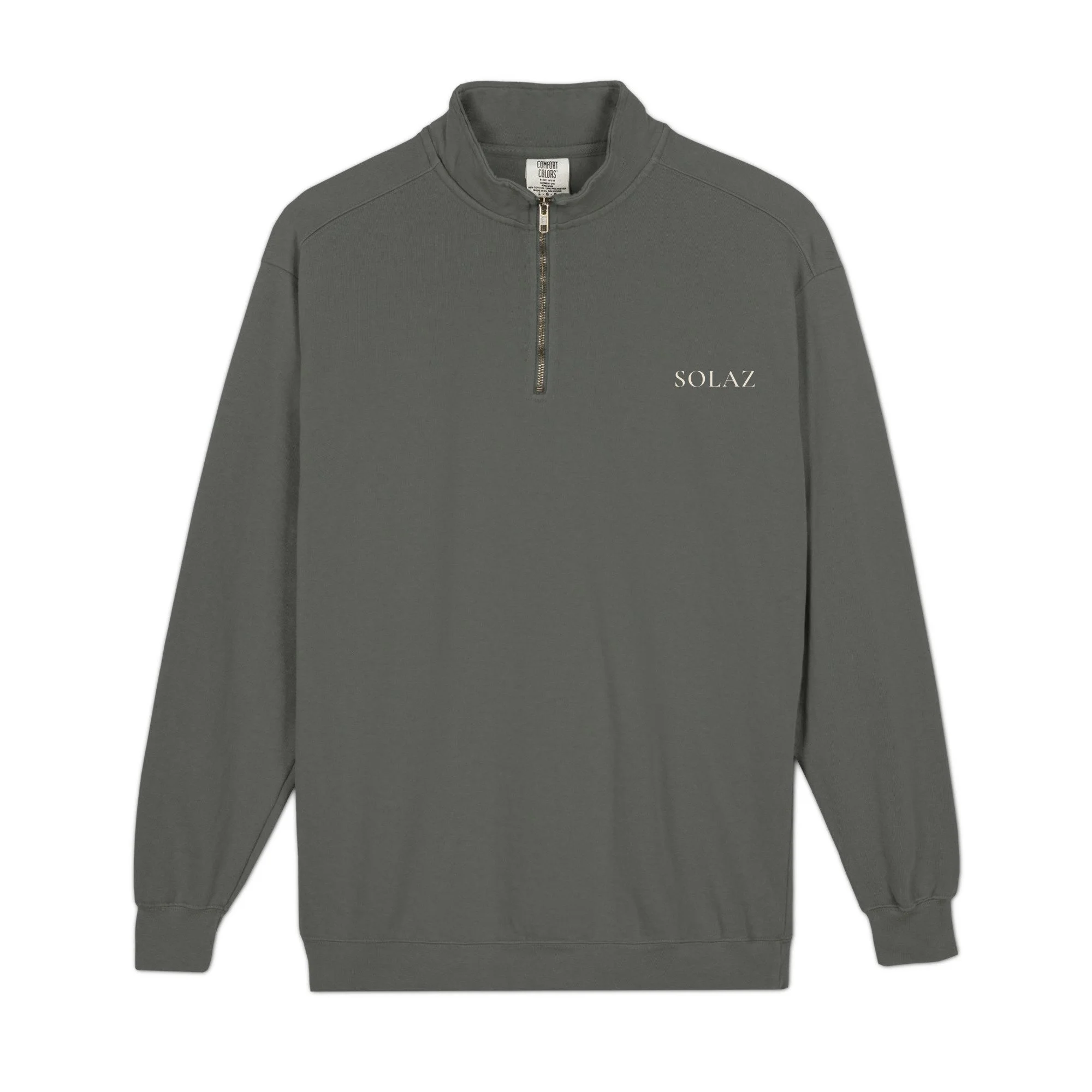 SOLAZ Coastal Quarter-Zip in Pepper, front supplier mockup with ivory left-chest wordmark