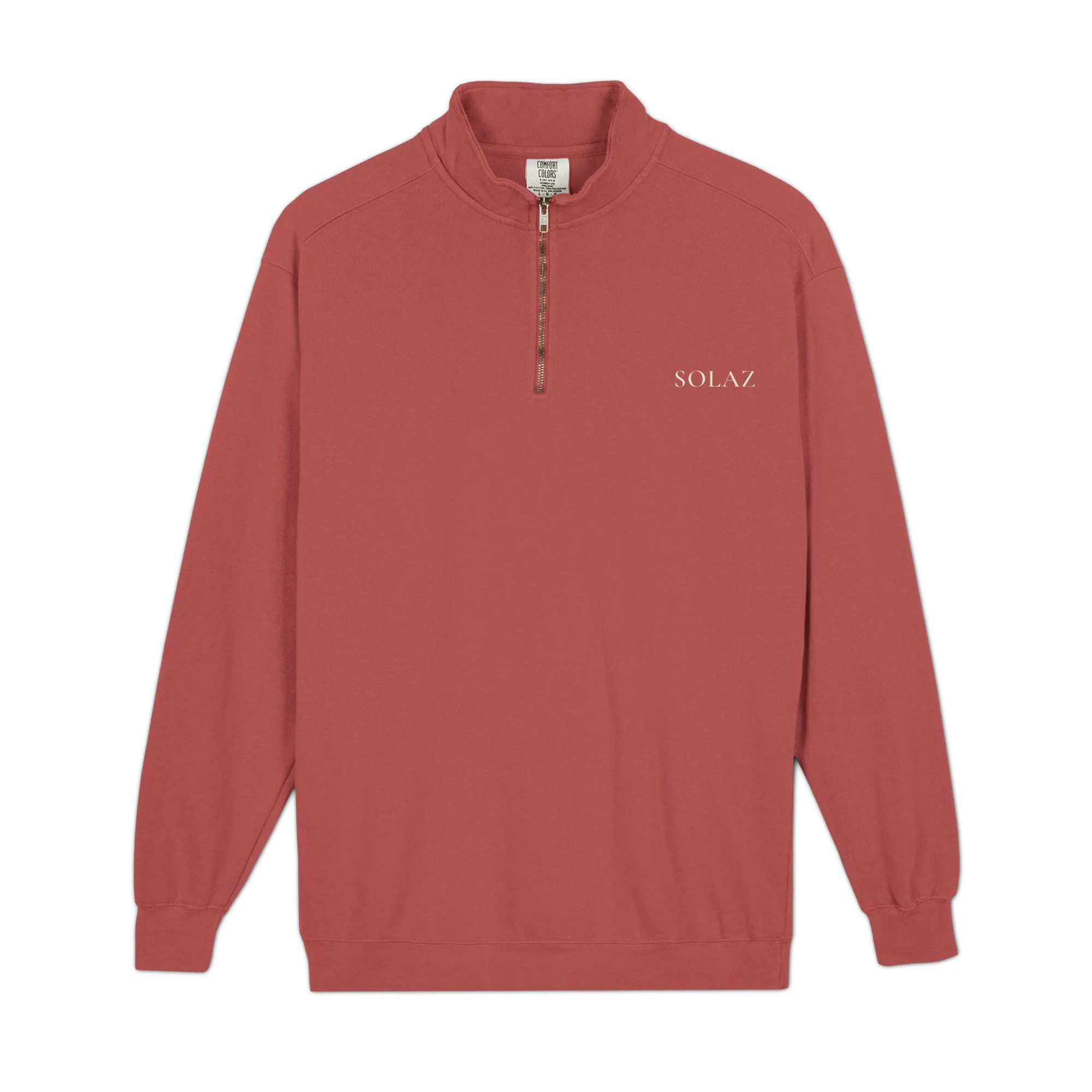 SOLAZ Coastal Quarter-Zip in Crimson, front supplier mockup with ivory left-chest wordmark