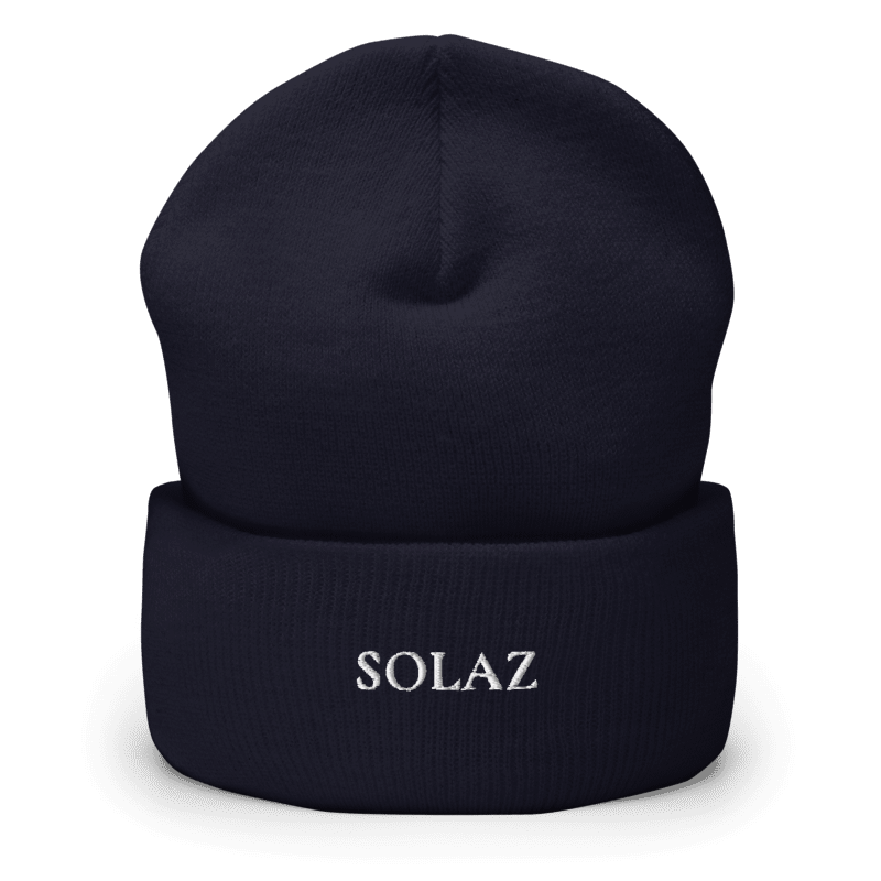 SOLAZ Evening Beanie in Navy with light lettering on the cuff, front view; supplier digital embroidery mockup.