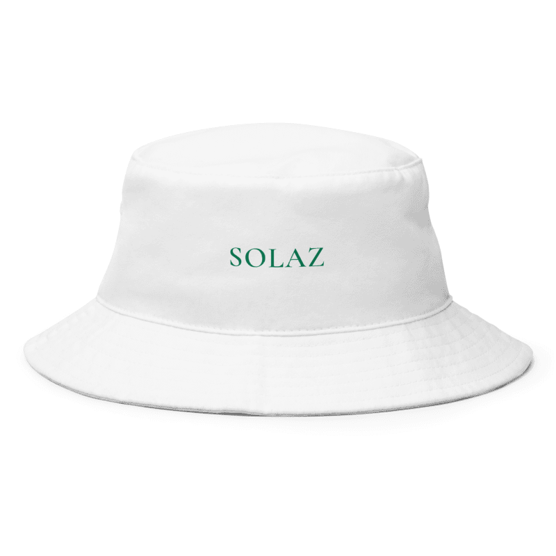 SOLAZ Beach Bucket in White with green lettering, front view; supplier digital embroidery mockup.