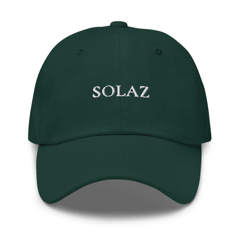 SOLAZ Leisure Cap in Spruce with white lettering, front view; supplier digital embroidery mockup.