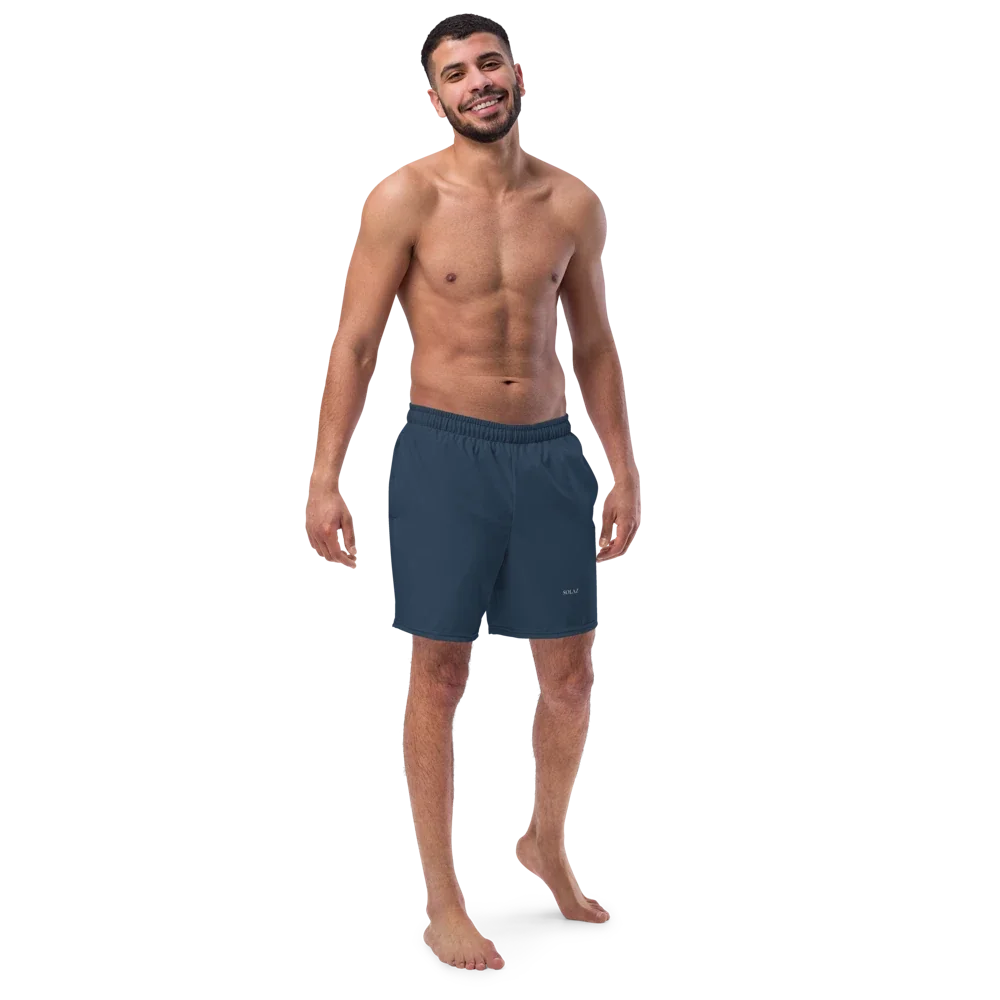 SOLAZ Tide Swim Trunk in Navy, front view on a model; supplier digital mockup.