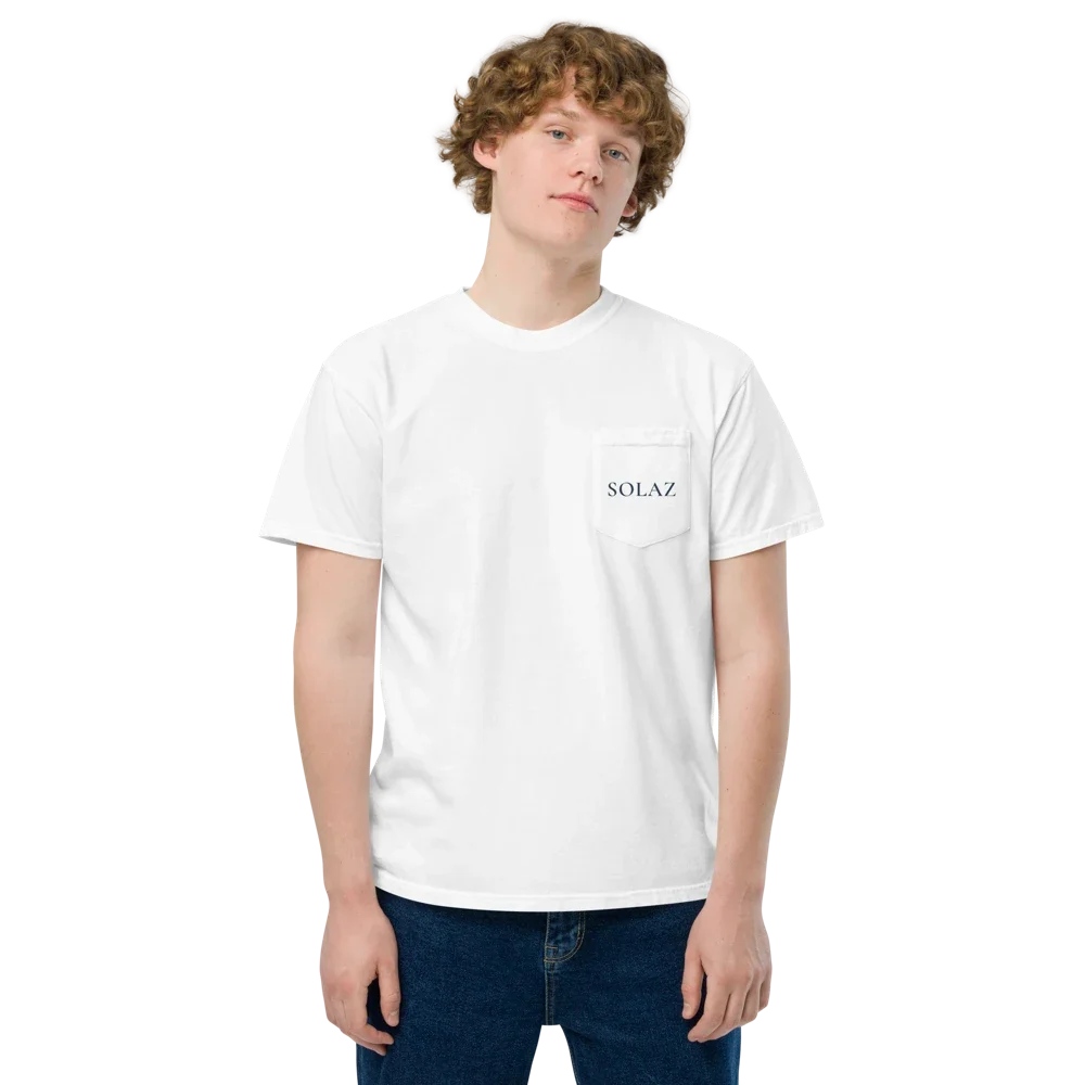 SOLAZ Pocket Tee in White, front view on a model; supplier digital mockup.