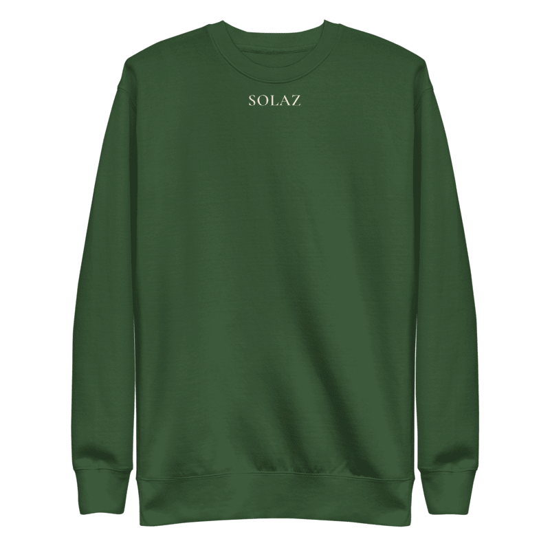SOLAZ Leisure Crew in Forest Green, front view with matching center-chest lettering; supplier digital mockup.