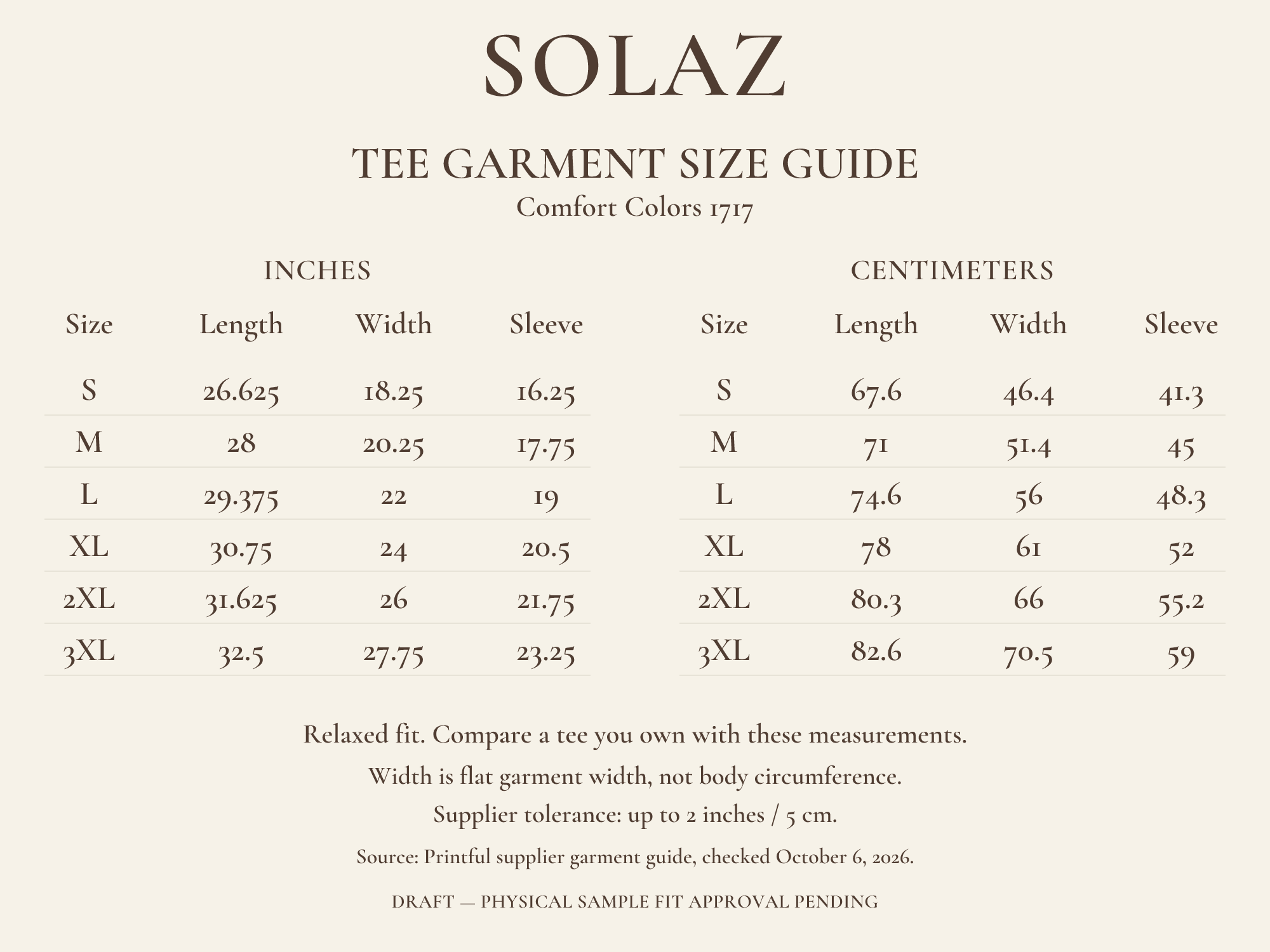 SOLAZ Everyday Tee garment size chart, sizes S through 3XL.
