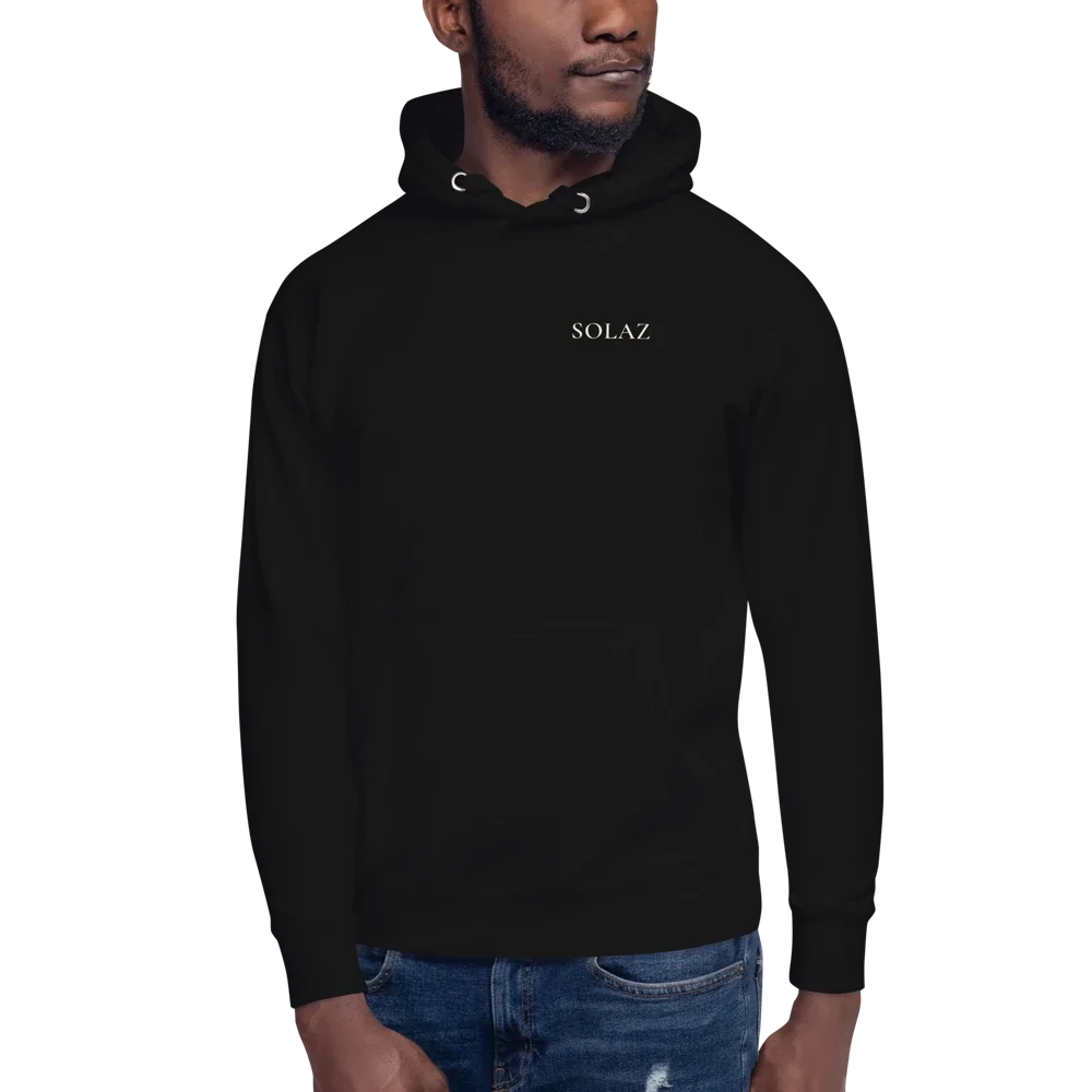 SOLAZ Harbor Hoodie in Black, front view on a model; supplier digital mockup.