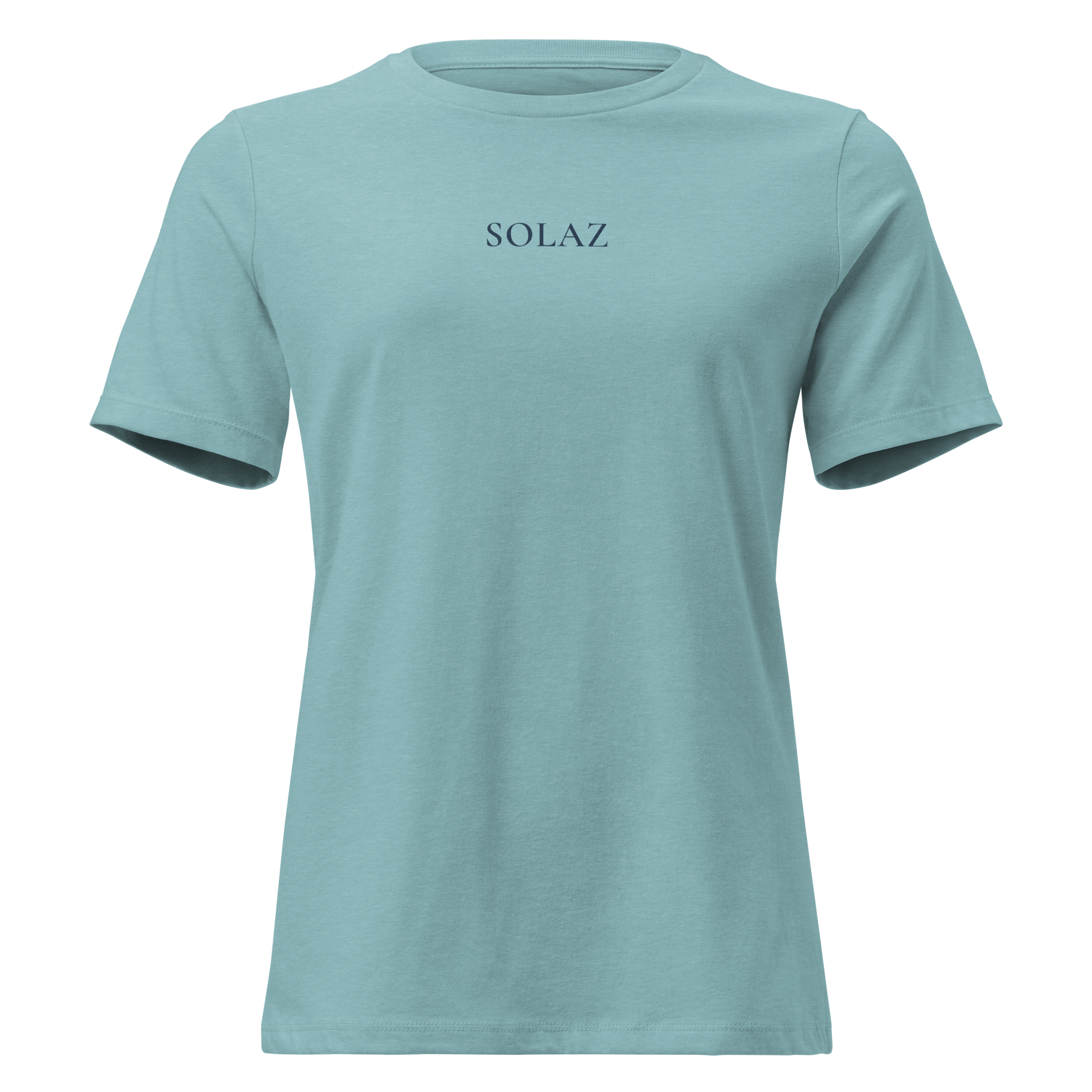 SOLAZ Daybreak Tee in Heather Blue Lagoon, front view; supplier digital mockup.