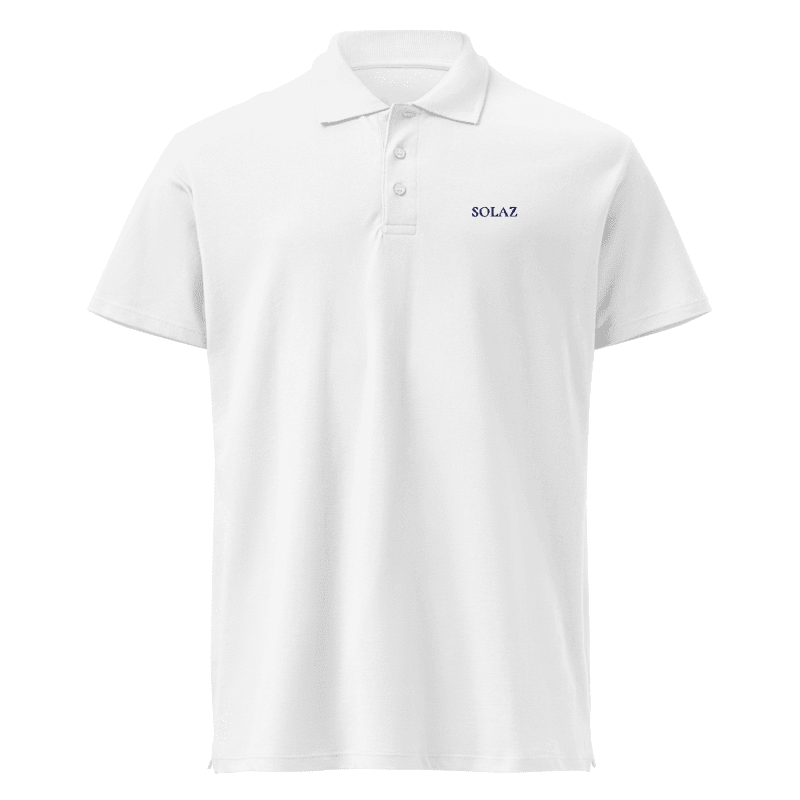 SOLAZ Coast Polo in White with navy lettering, front view; supplier digital embroidery mockup.