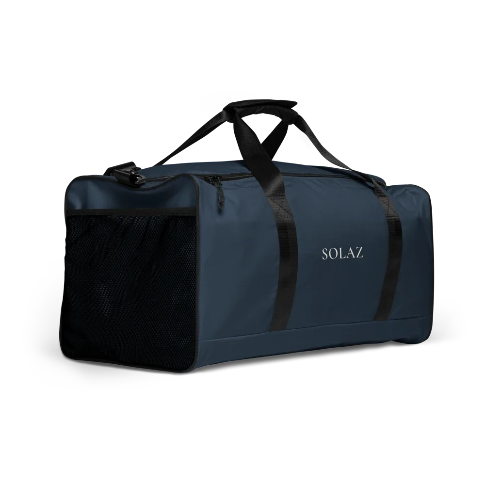 SOLAZ Departure Duffle in Navy, angled front view; supplier digital mockup.