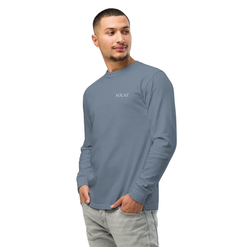 SOLAZ Long Afternoon Long-Sleeve Tee in Blue Jean, front view on a model; supplier digital mockup.