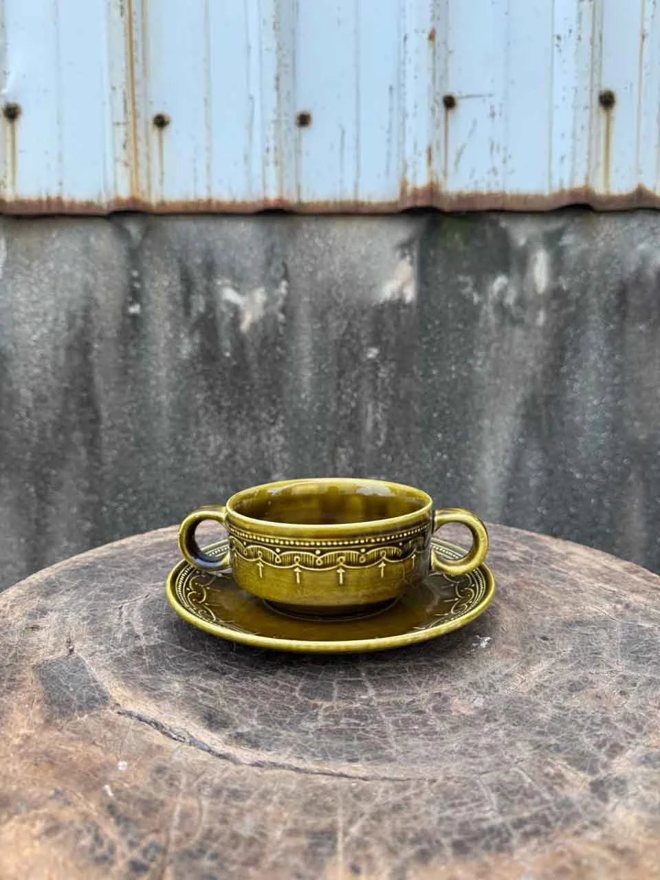 匈牙利綠釉陶瓷雙耳湯碗｜Kispest Gránit green glazed soup bowl