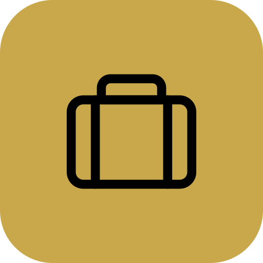 Icon of a briefcase in black on a gold background.