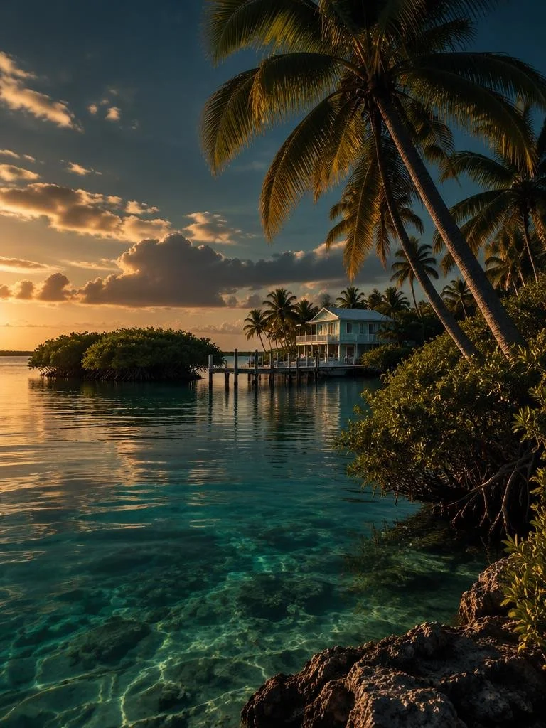 A tropical scene at sunset with palm trees, a house on stilts over calm water, and a clear view of the ocean bottom.