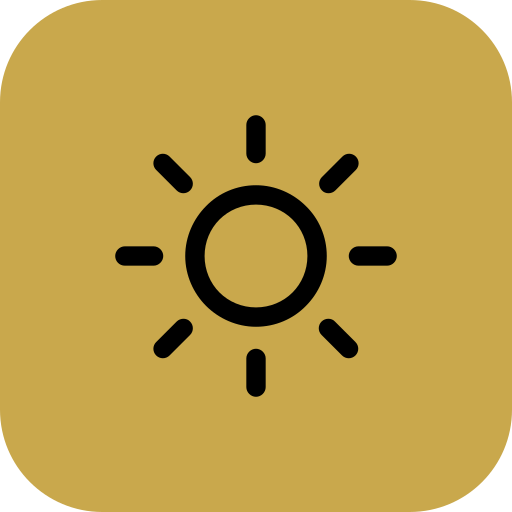 Icon of a sun with rays, set against a gold background.