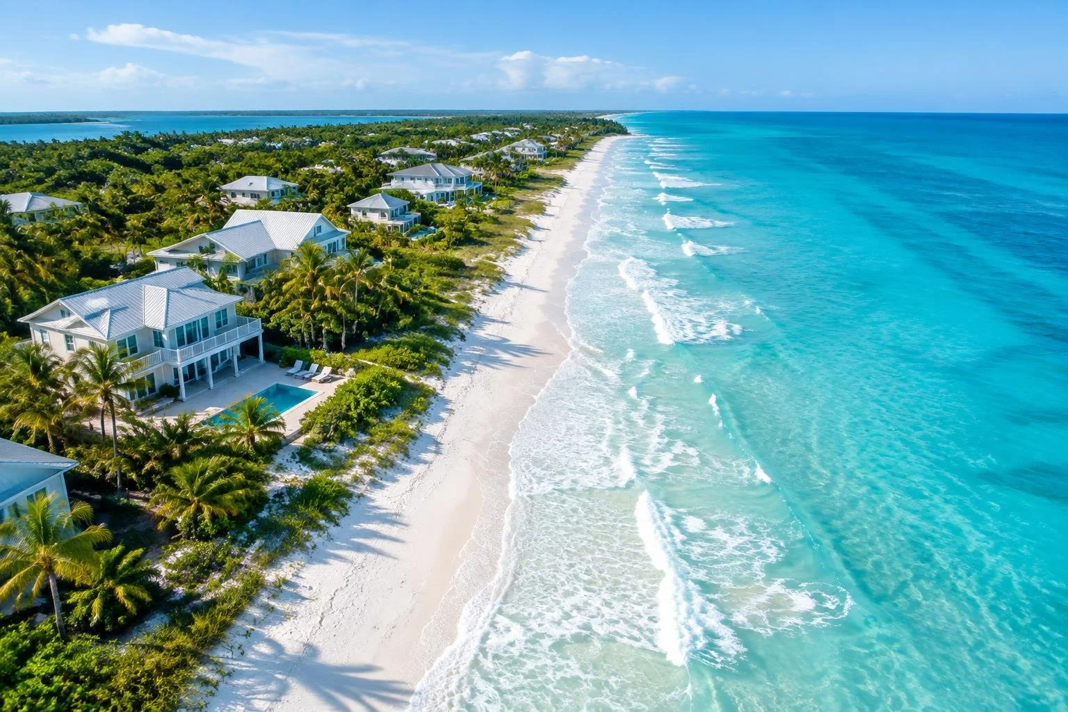 Aerial view of beachfront houses with blue roofs, surrounded by palm trees, along a white sandy beach with turquoise ocean waves.