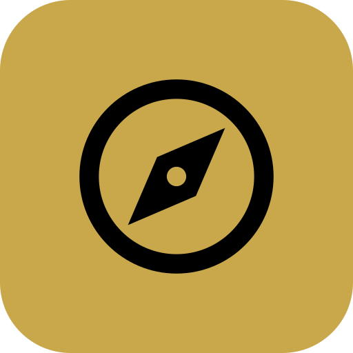 Icon of a compass with a black needle inside a black circle, on a gold background.
