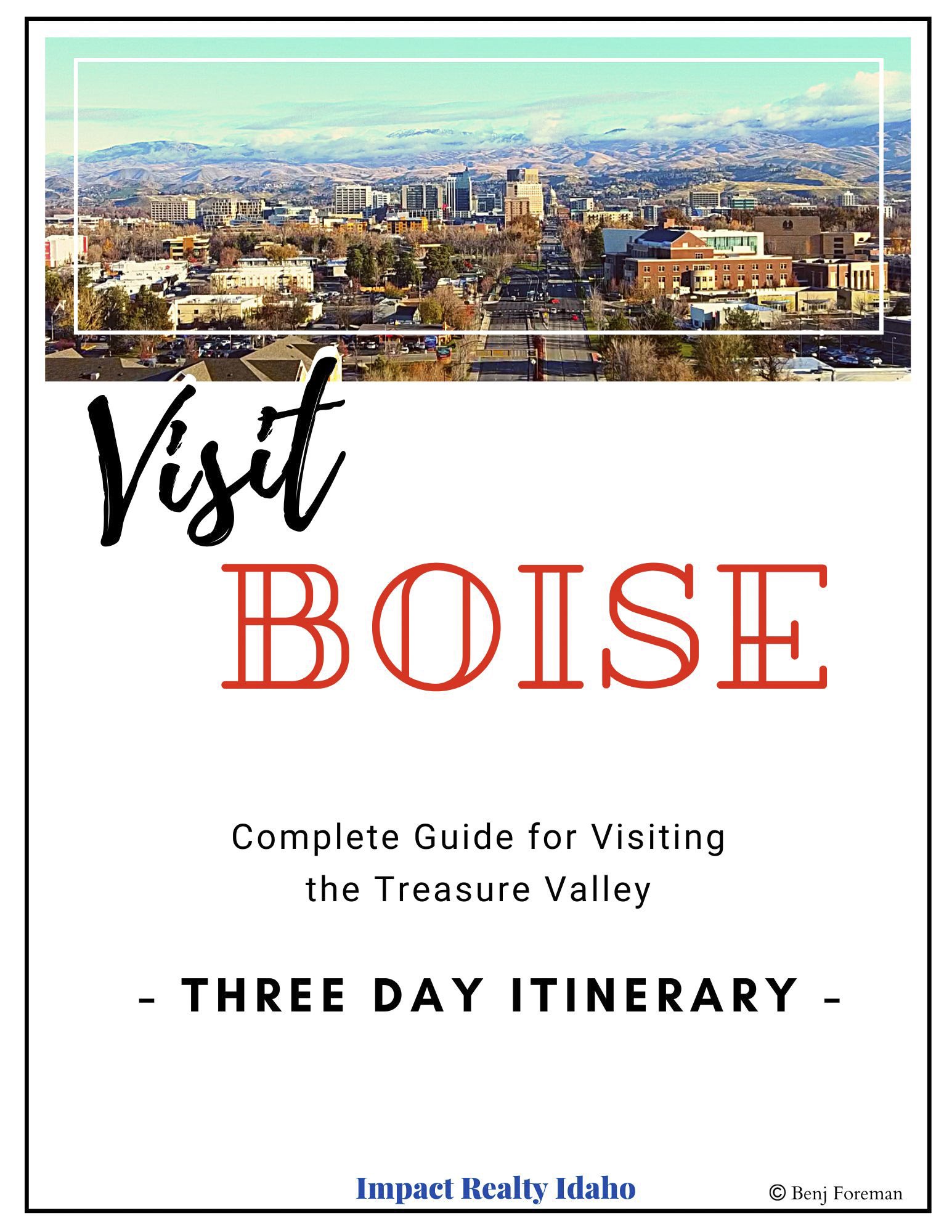 Cover of a travel guide titled 'Visit Boise', featuring a city view with mountains in the background, and text indicating a three-day itinerary for visiting Boise, Idaho.