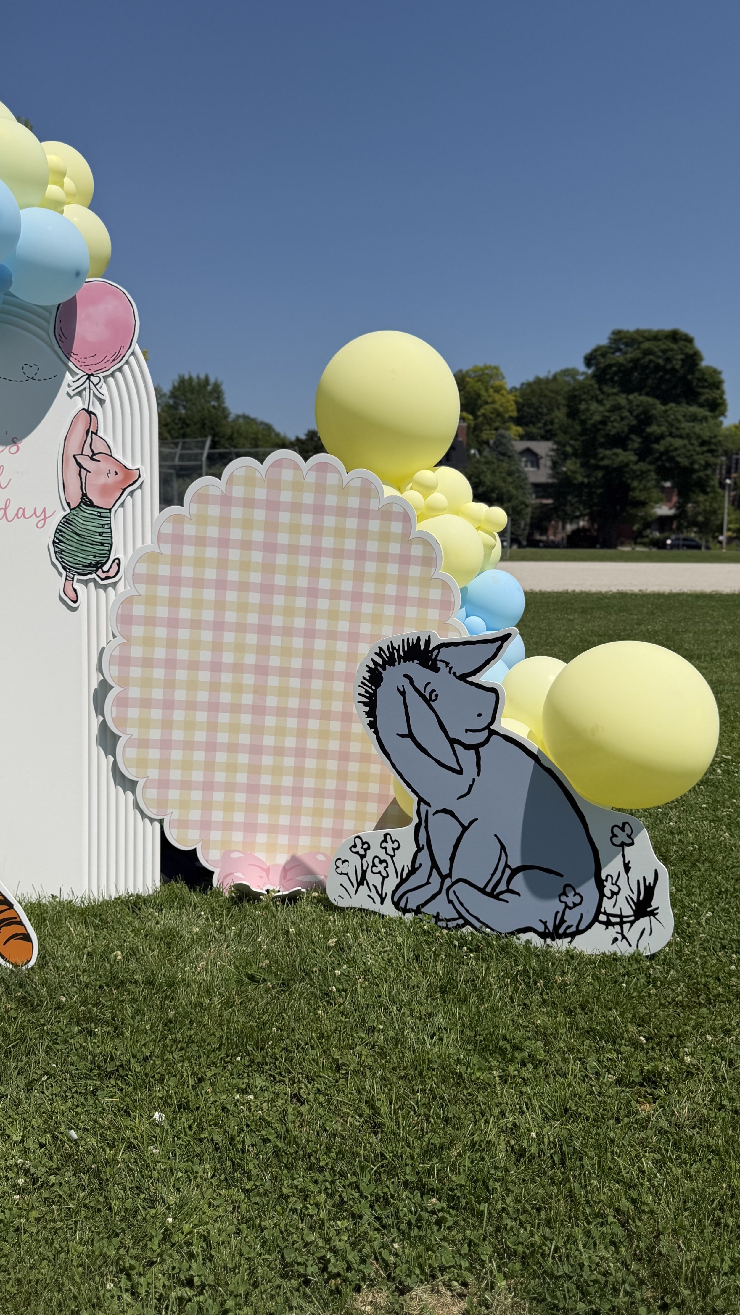 Decorative setup with yellow, blue, and pink balloons, cutouts of a pig holding a balloon, a donkey, and a floral frame on a grassy field with trees and blue sky in the background.