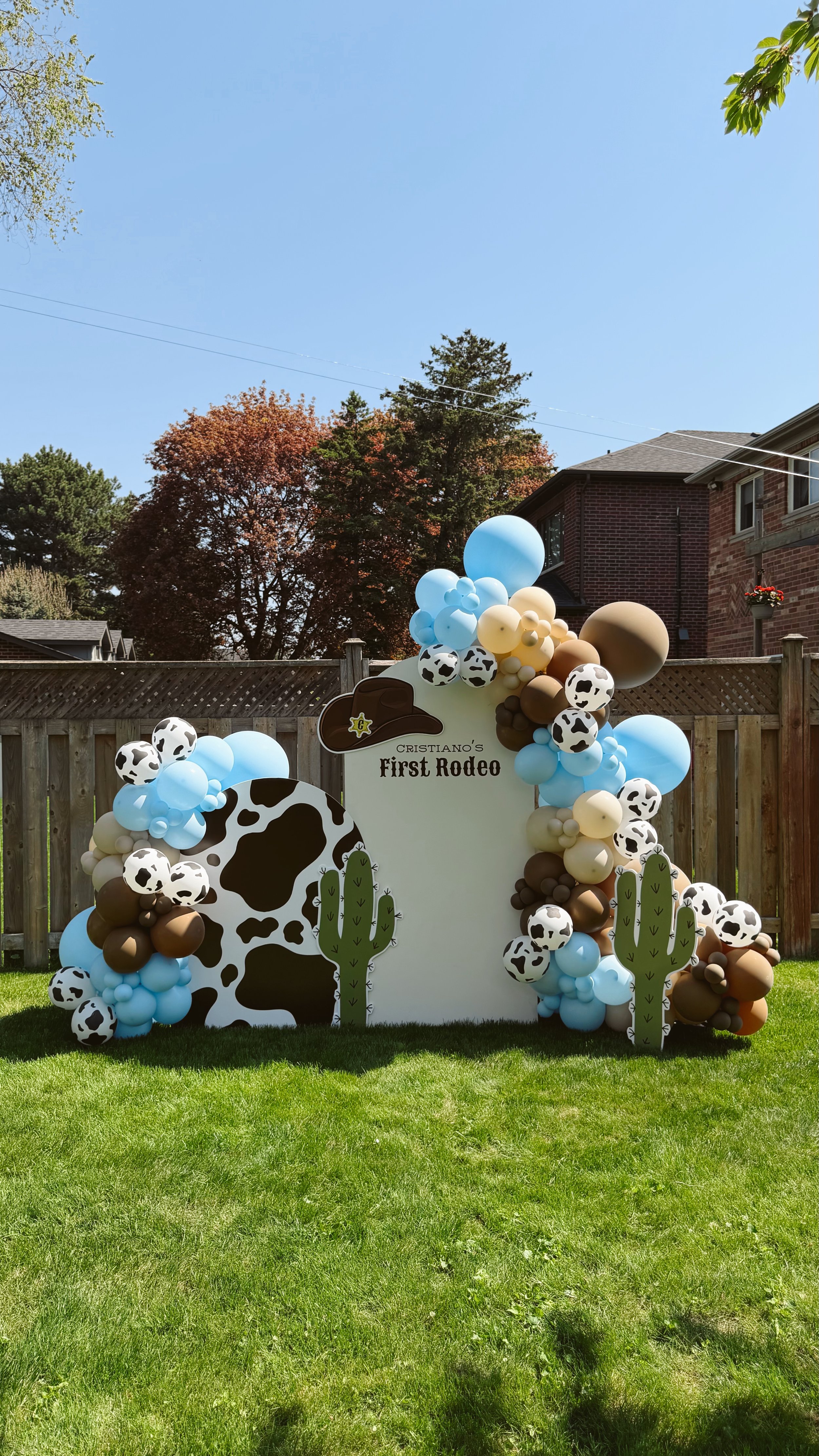 Decorated outdoor backdrop for a child's first birthday party with cow print and cactus designs, balloons in brown, beige, blue, and cow print, and a sign that reads 'Cristiano's First Rodeo' under a clear blue sky.