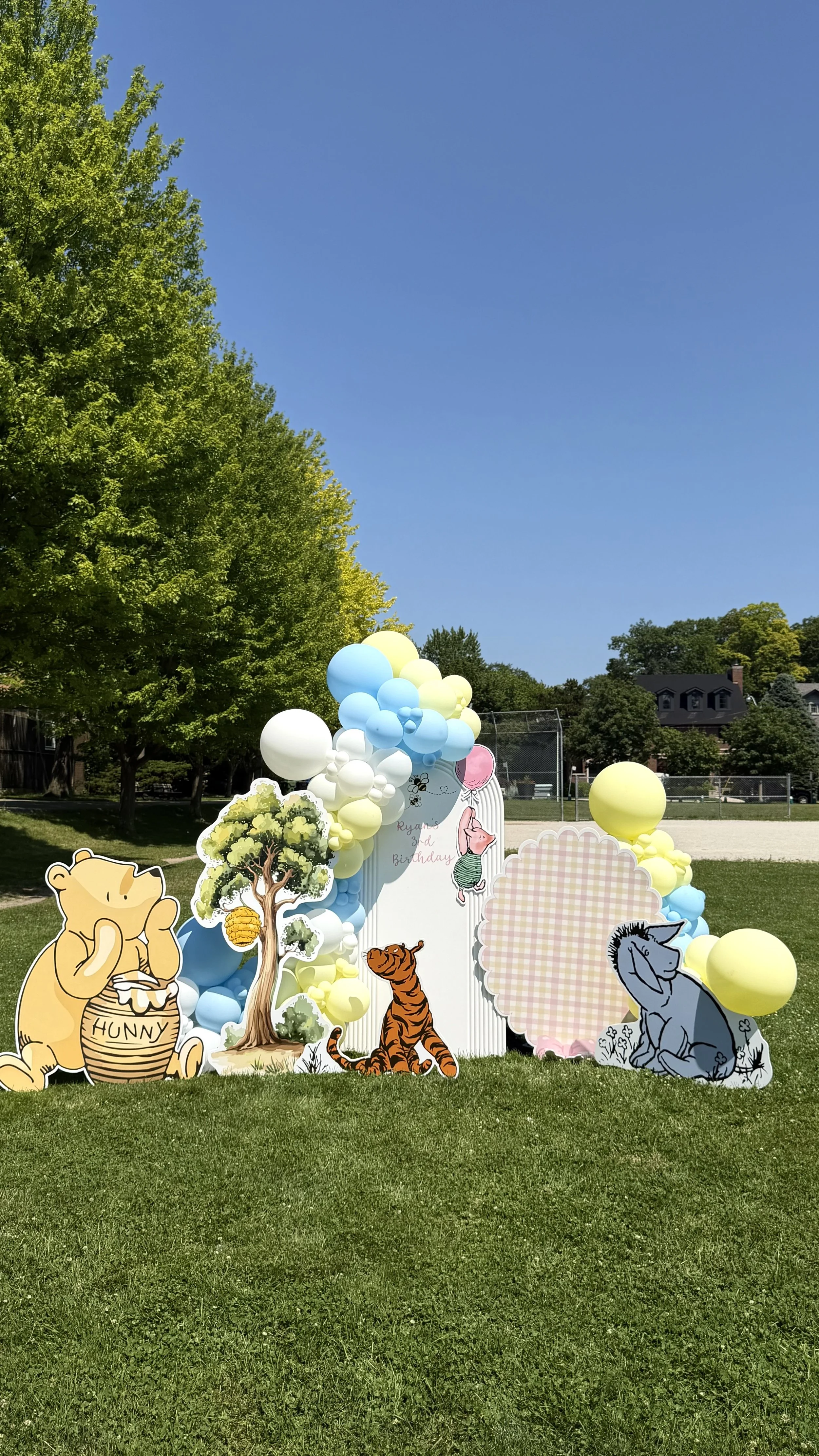 Colorful outdoor birthday party display with cutouts of Winnie the Pooh, Tigger, Eeyore, and Piglet, surrounded by pastel balloons and decorative trees on a grassy field with trees and houses in the background.