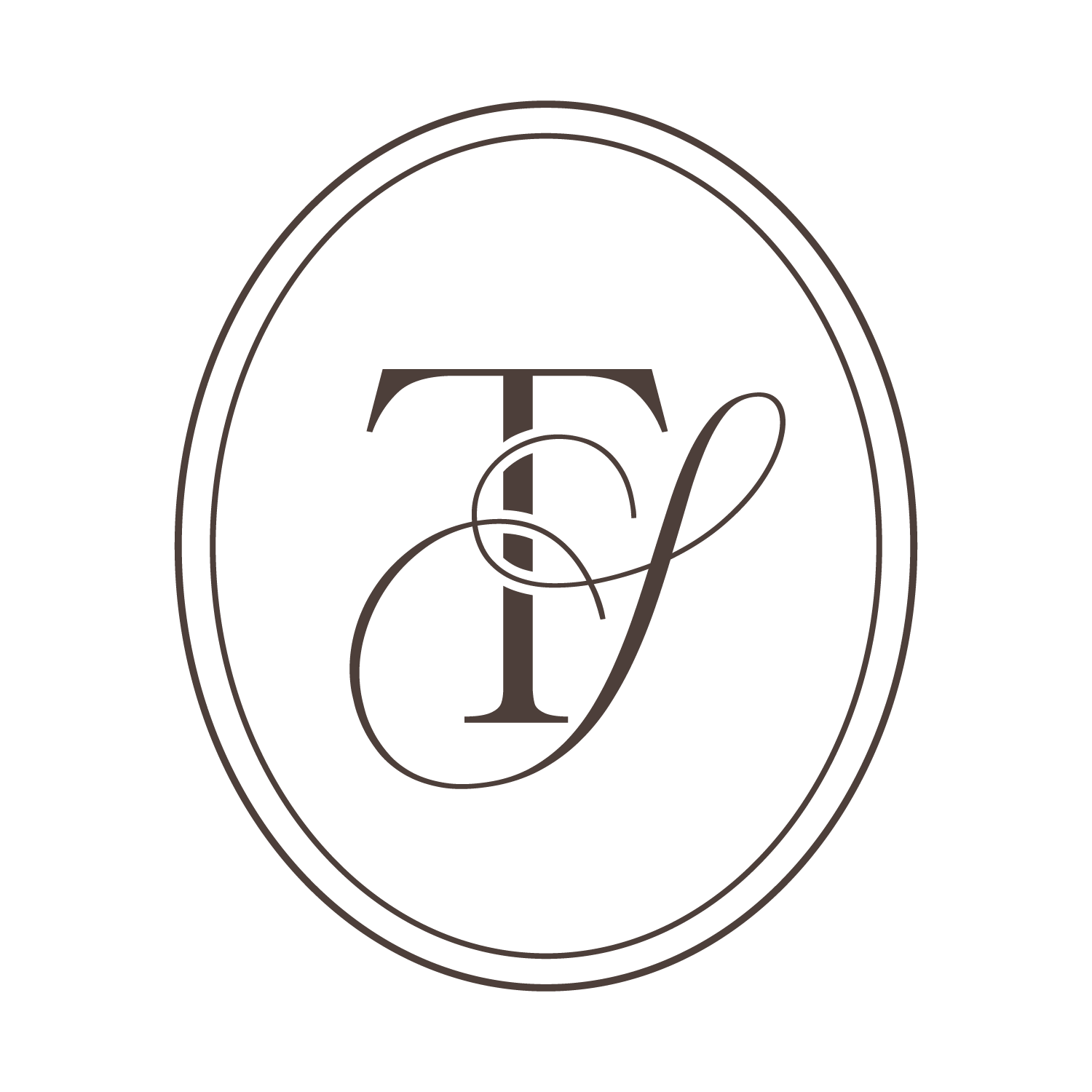 A black background with a thin oval-shaped outline and the letters 'T' and 'G' inside, with the 'G' slightly overlapping the 'T', in a fancy script font.