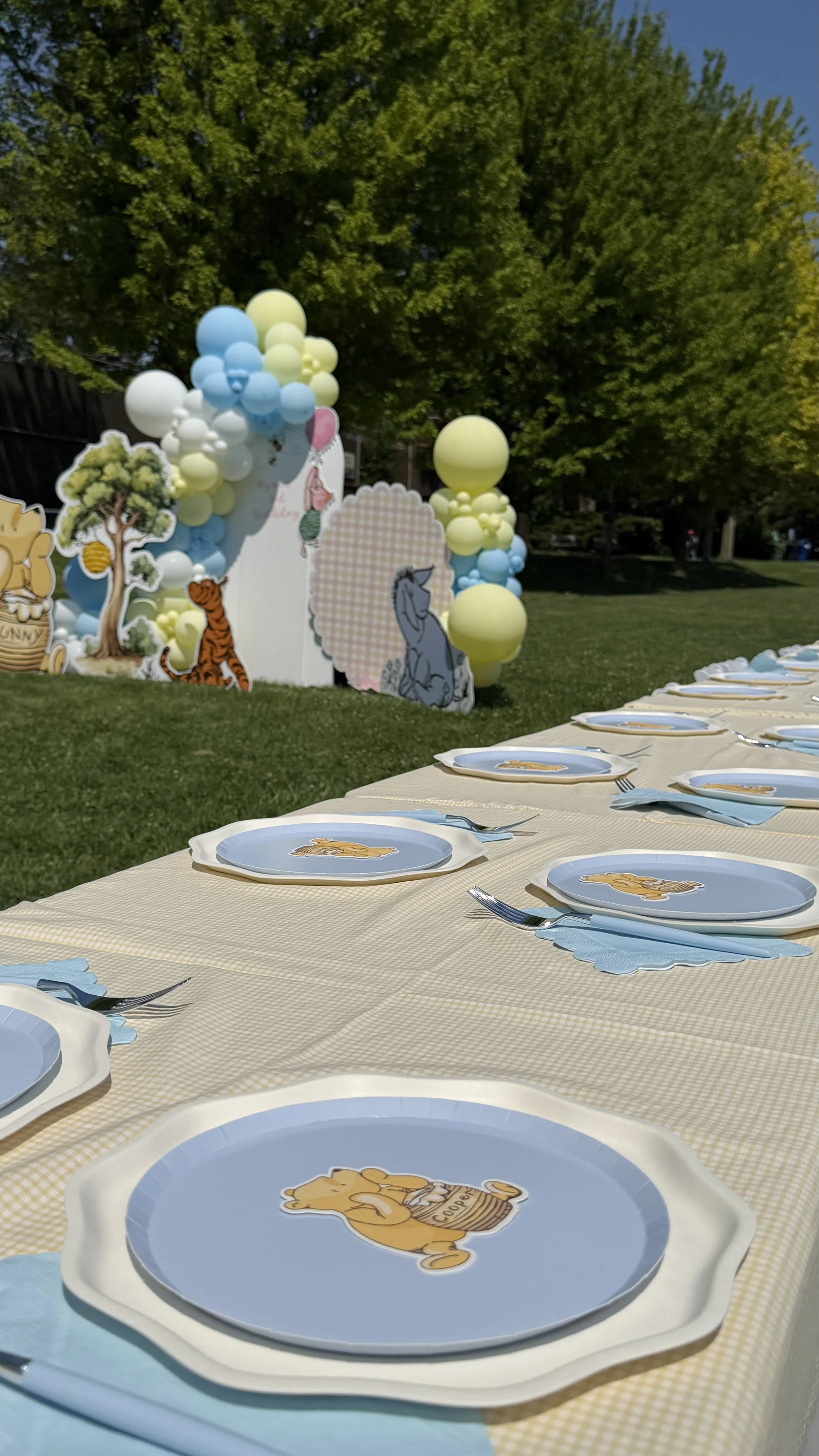 Outdoor table set for a children's party with plates featuring a honey bear and honey jar design, and a decorated backdrop with balloons and cartoon animal cutouts.
