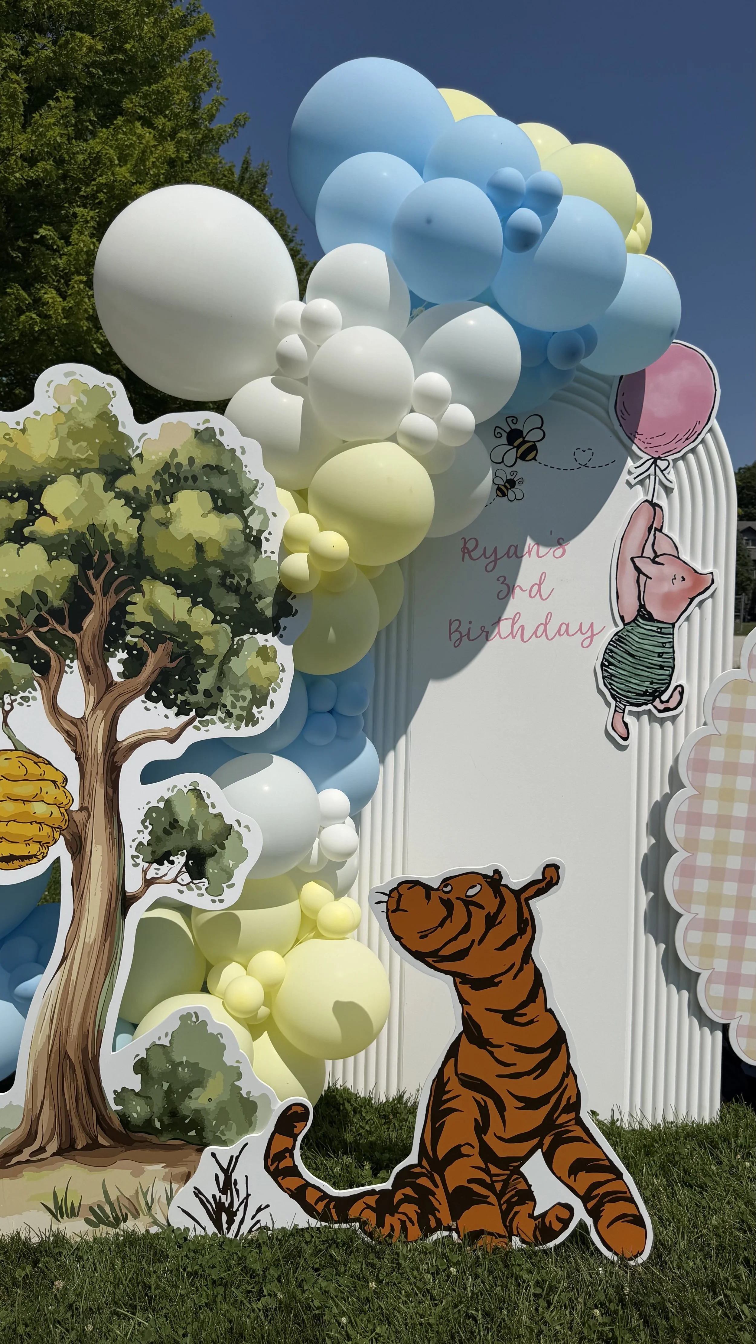 Birthday party decoration with cartoon animals, balloons, and trees, with a sign reading "Ryan's 3rd Birthday".