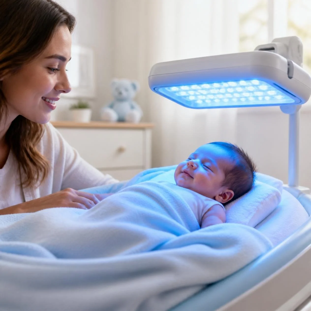 A mother smiling at a sleeping baby under a blue light phototherapy lamp at homecare nursery.
