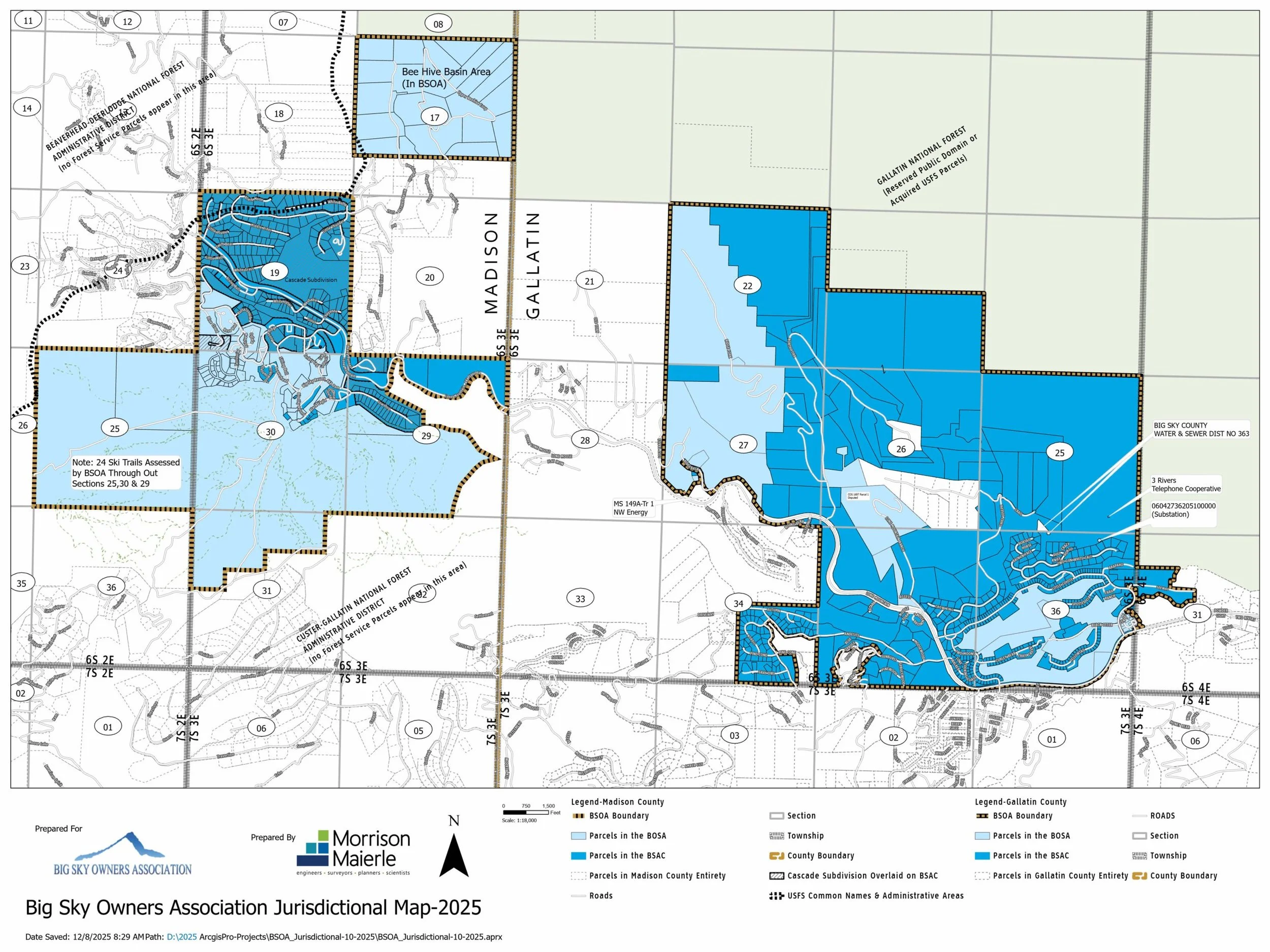 Big Sky Owners Association jurisdictional map, 2025, showing the BSOA boundary across Gallatin and Madison Counties