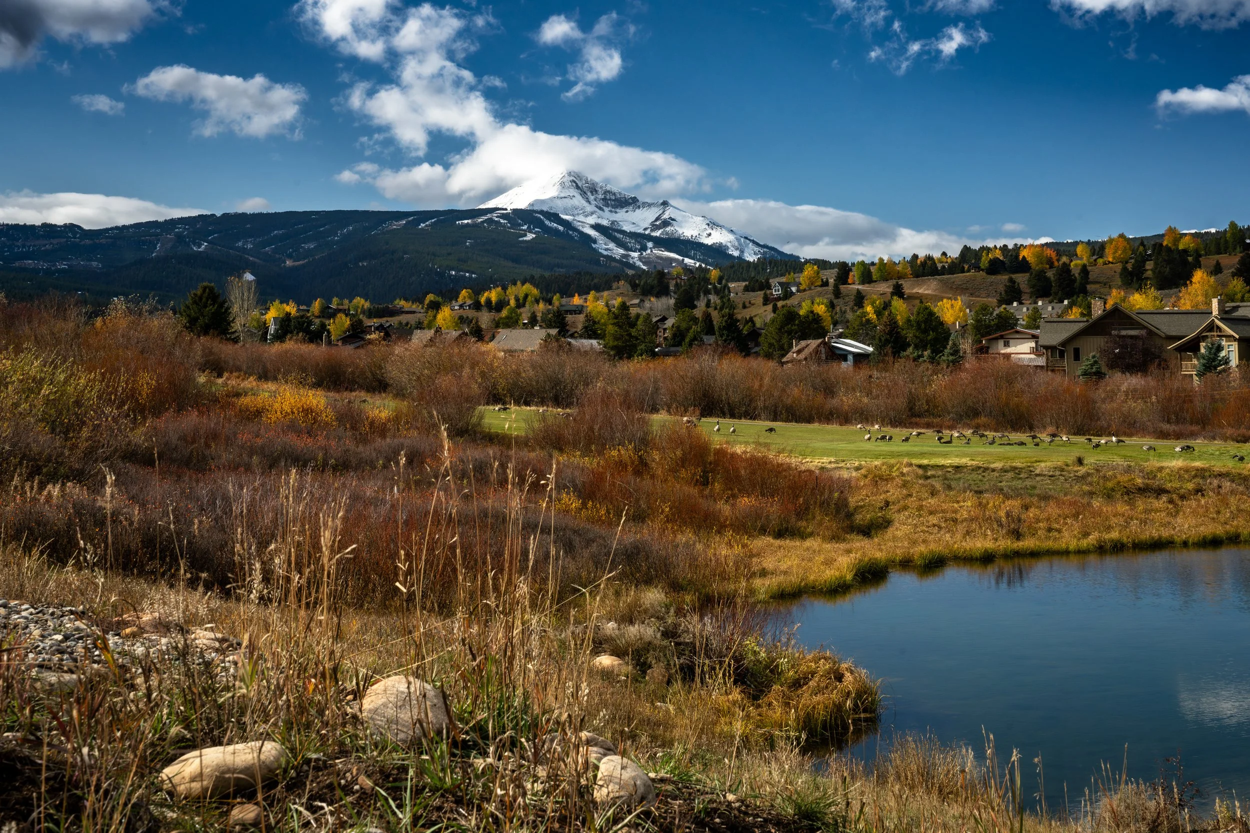 Lone Peak in fall above Meadow Village, Big Sky