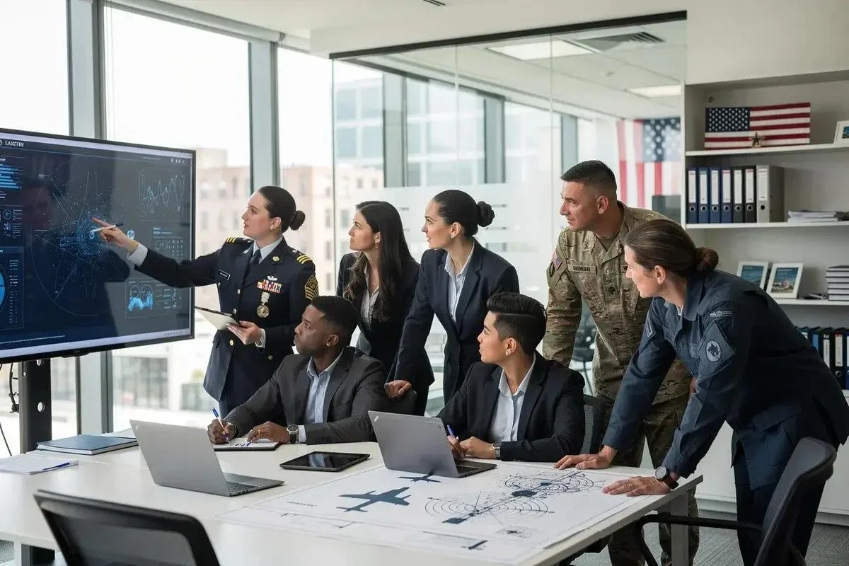 Military and civilian professionals collaborating in a modern technology workspace.