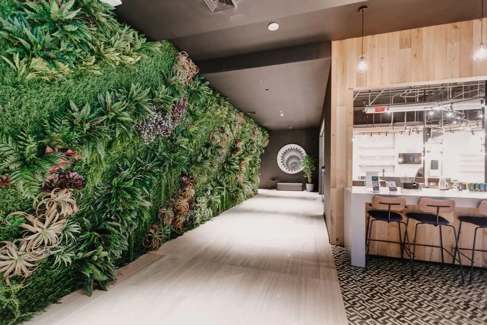 Long interior corridor lined with a layered greenwall